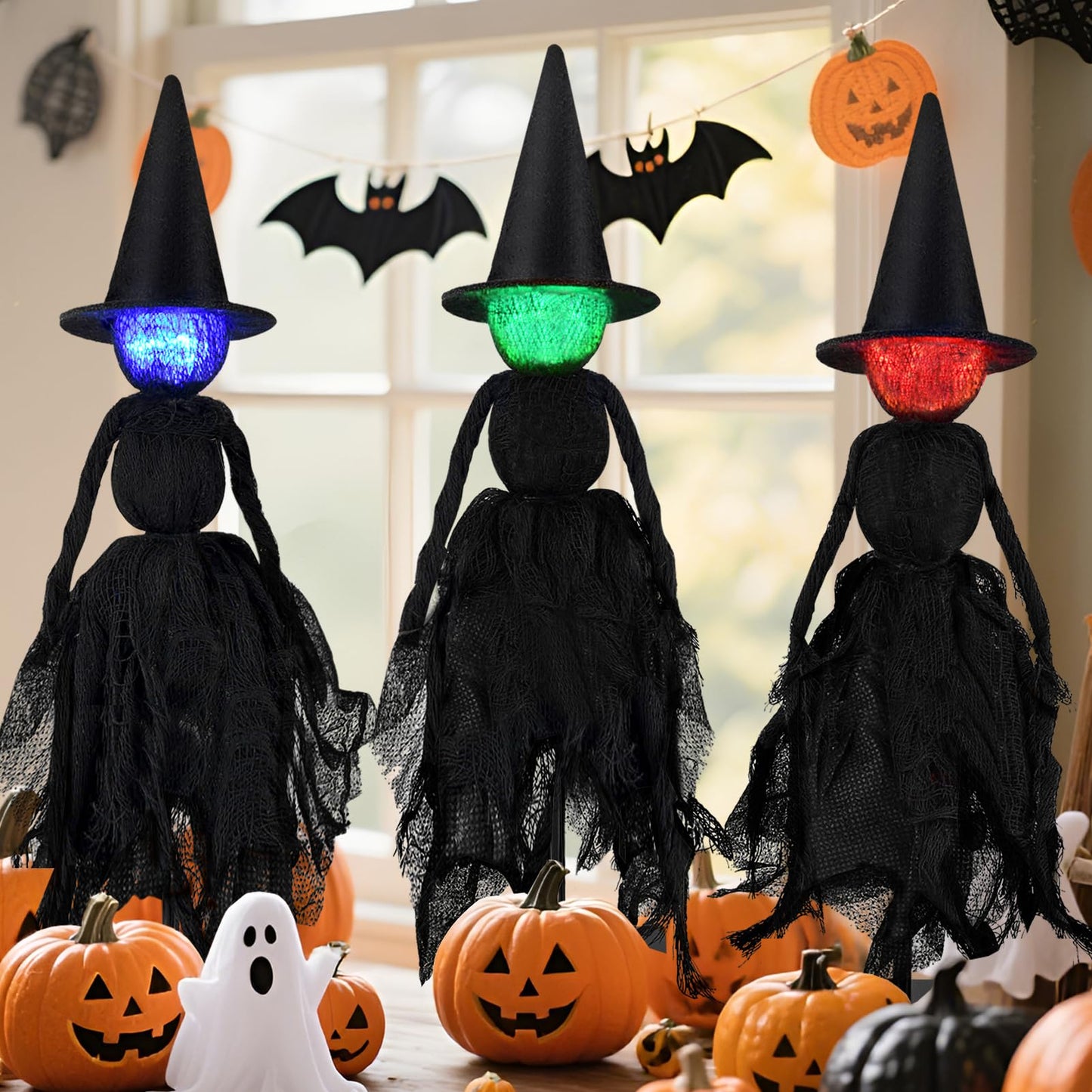 Halloween Decorations Indoor, Set of 3 Lighted Primitive Witch with Hat, Spooky Black Witches Figurines LED Lights Standing Table Decor Scary Table Centerpieces Tiered Tray Decor Shelves Mantels Home