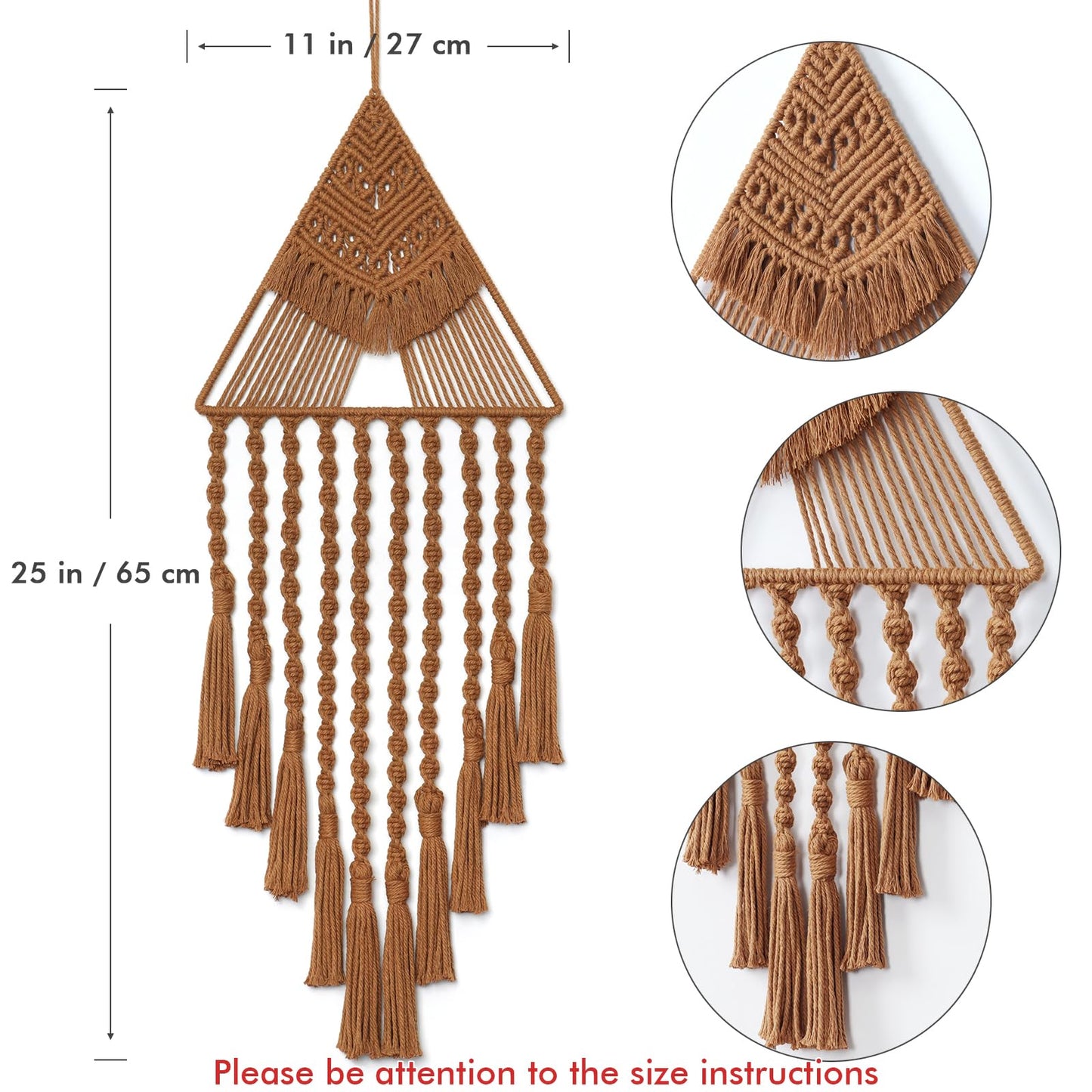LOMOHOO Macrame Woven Wall Hanging Dream Catcher Triangle Tassel Geometric Art Boho Backdrop Bohemian Home Decor Wall Art Beautiful Apartment Dorm Room Door Decoration(Brown)