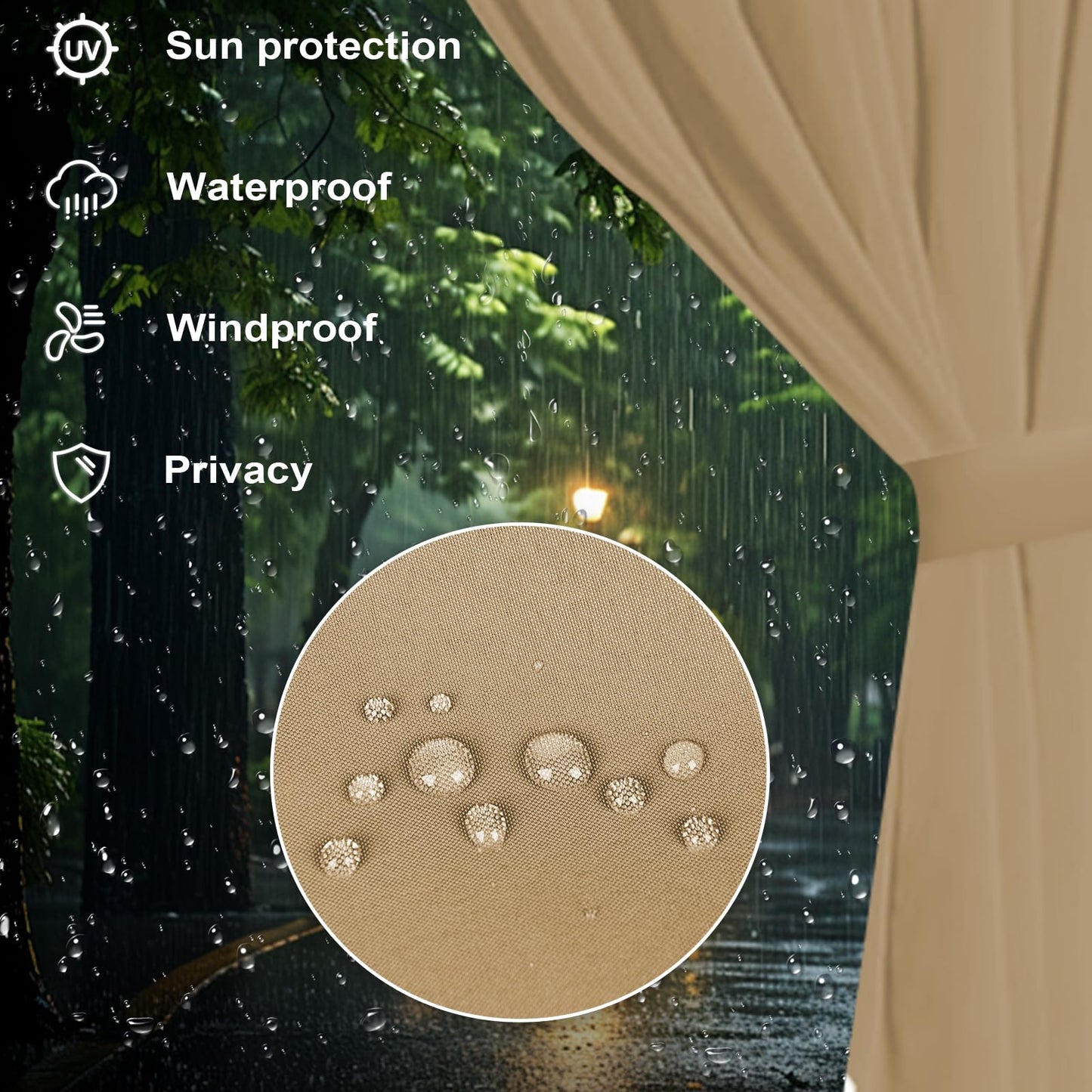 slashome 12'x14' Gazebo Curtains Outdoor Waterproof, Khaki Universal Replacement Curtain 4-Panels, Sidewalls with Zipper for Garden, Patio, Yard (Only Curtains)