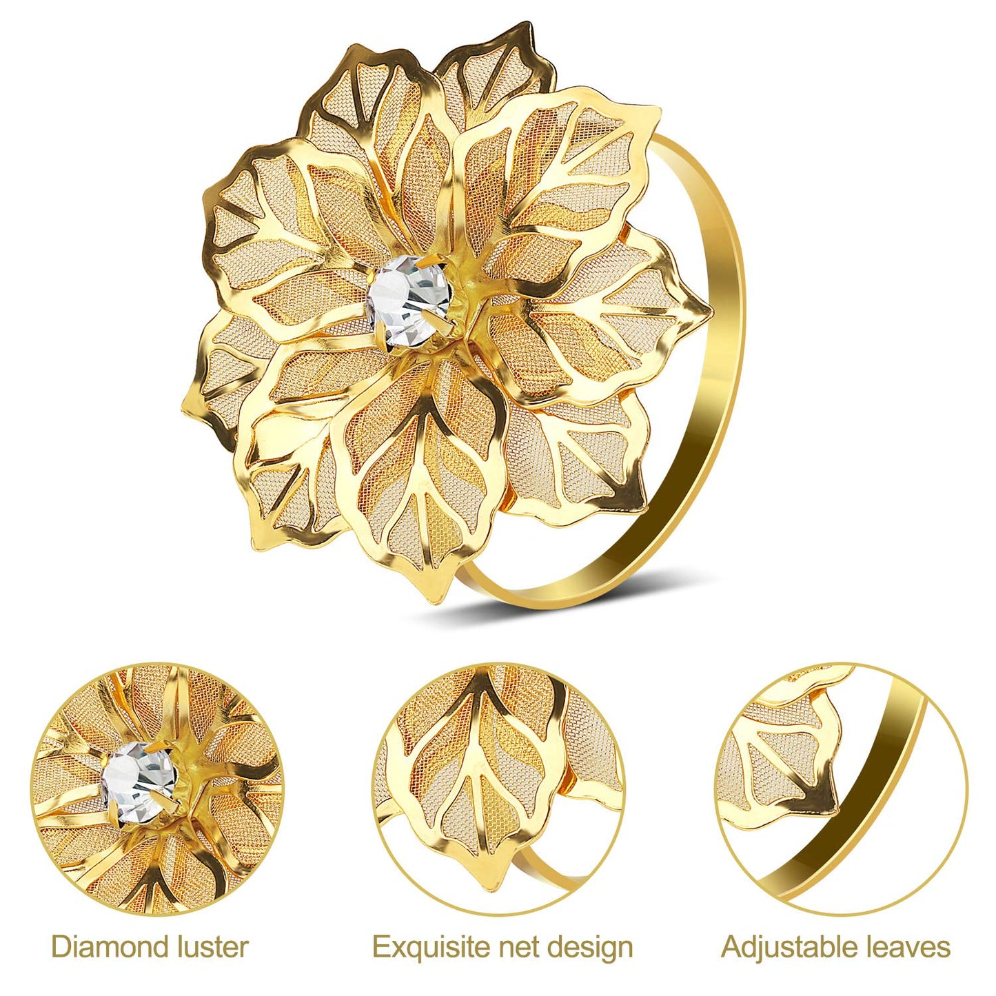 KPOSIYA Set of 20 Napkin Rings, Metal Gold Hollow Out Flower Napkin Ring Holder for Wedding Party Holiday Banquet Christmas Dinner Delicate Serviette Buckles Decor Favor (20, Flower-Gold)