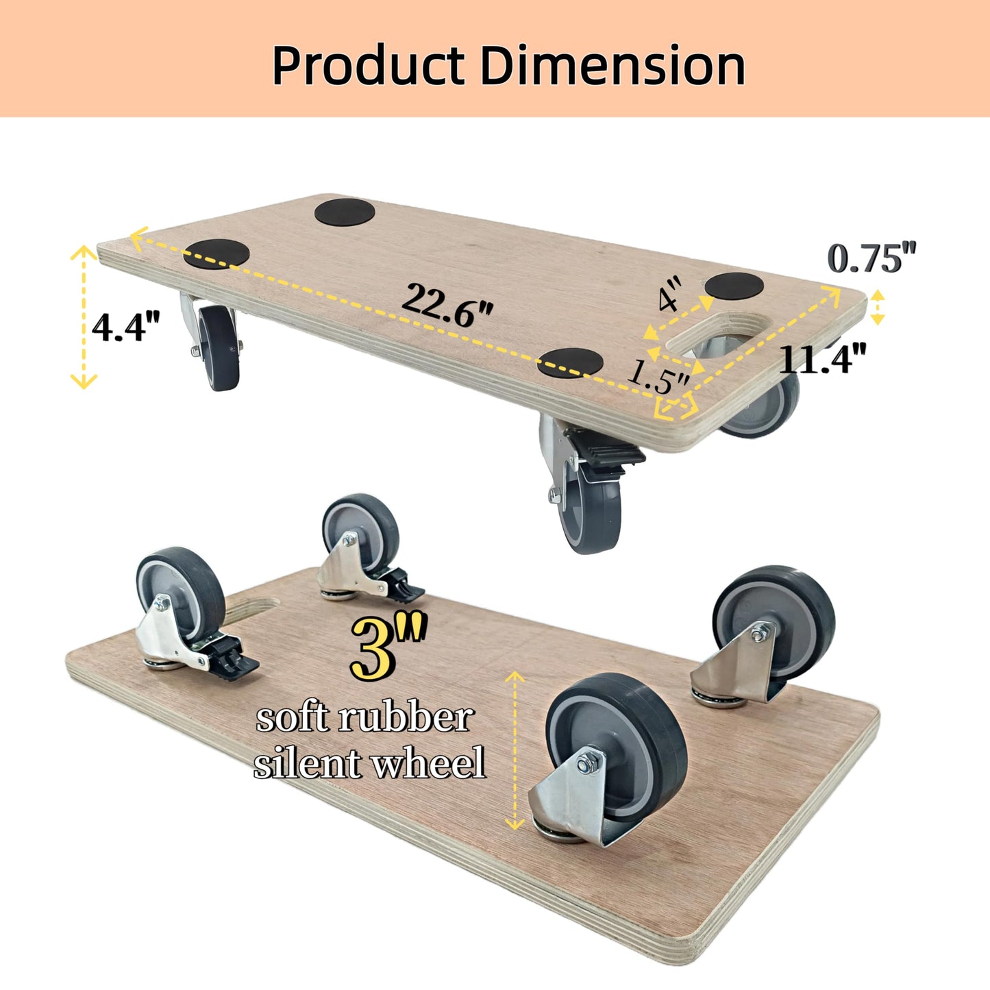 HBFBDRCT Furniture Dolly 4 Wheels, Furniture Movers, 2 Packs 2200 lb Load Capacity Heavy Duty Real Wood Dolly, Multifunctional Moving cart with 4 Soft Rubber Silent Wheels （2 with Brake+ 2 Without）