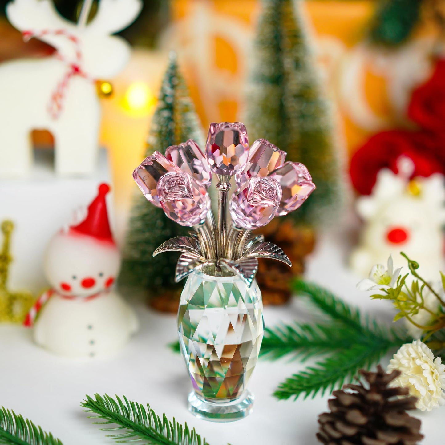 LOULIQIGIFT Crystal Pink Flowers Bouquet Romantic Art Glass Rose Flower Figurine Gifts for Women on Mother's Day Birthday Wedding Anniversary