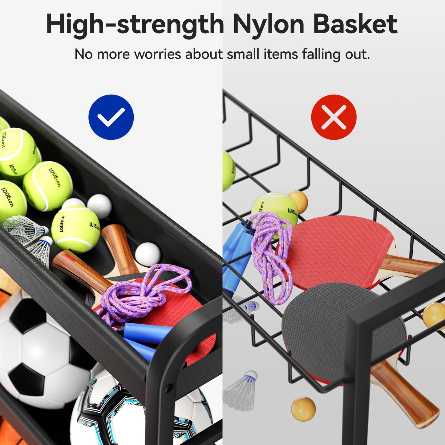 Keepmisc Sports Equipment Organizer, Rolling Ball Storage Cart with Locking Wheels, Hooks & Bat Rack