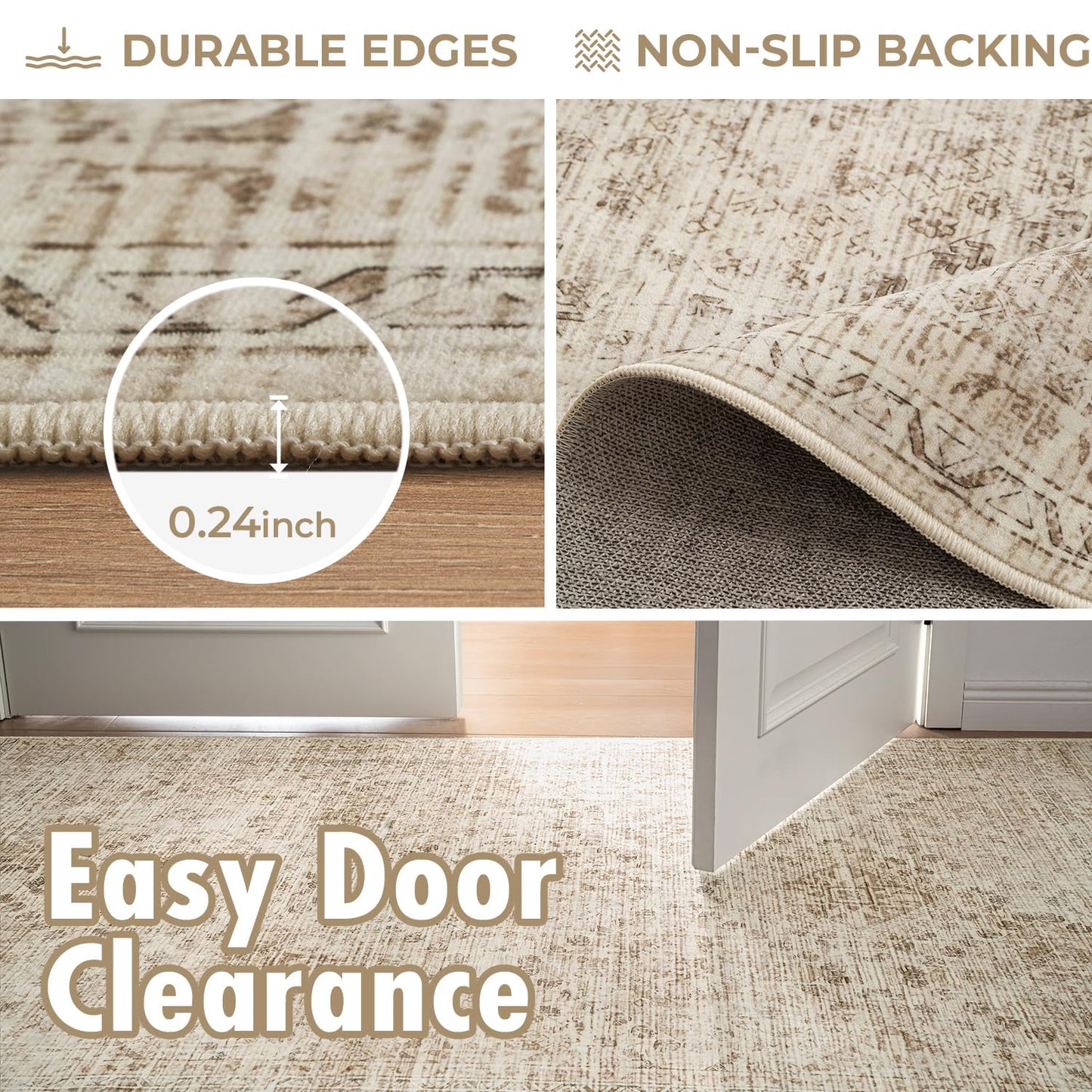 MIULEE 2x6 Washable Hallway Runner Rug, Vintage Long Rug for Hallway Kitchen Bedroom Laundry Room Bathroom, Non-Slip Stain Resistant Soft Throw Carpet Floor Mat, Neutral Beige