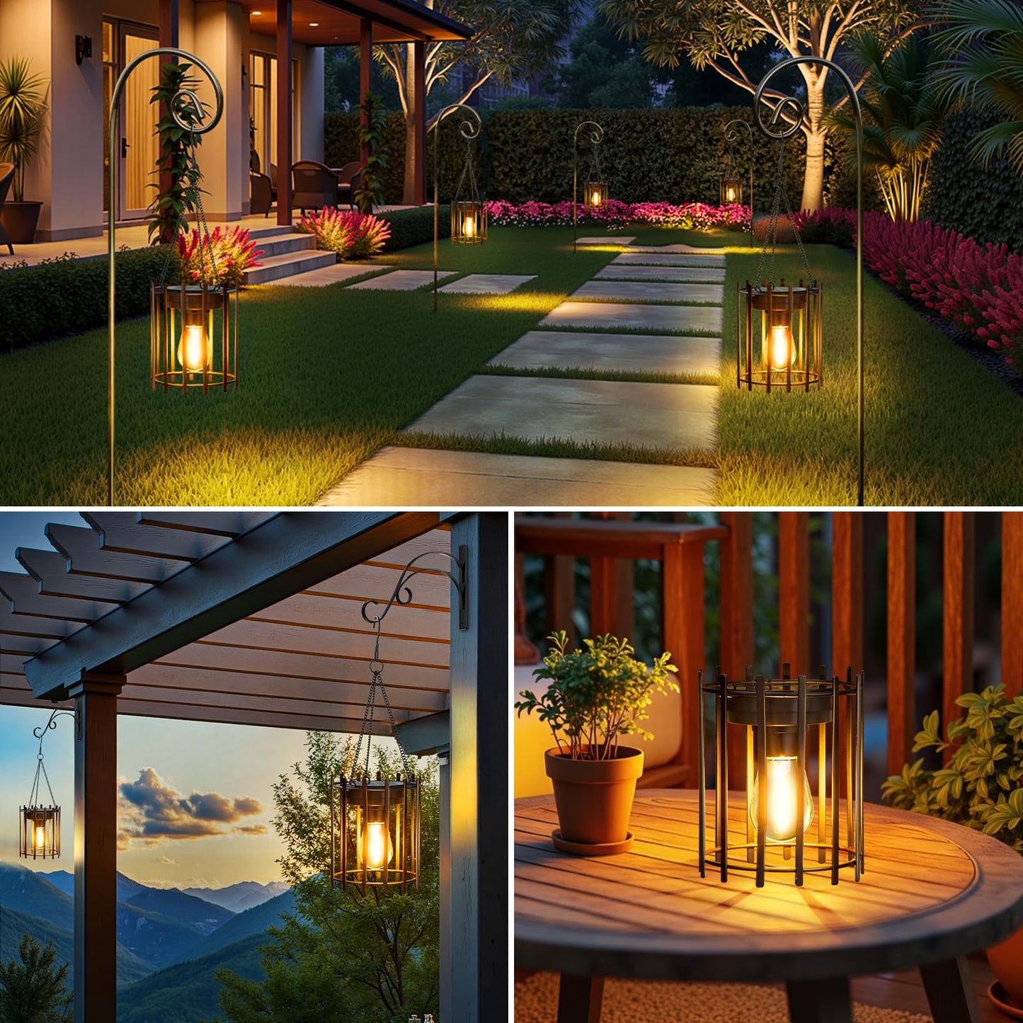KOOPER Solar Lanterns Outdoor Waterproof, 4 Pack Upgraded Bright Hanging Solar Lights Outdoor Lanterns Decorative, Auto ON/Off Metal Hanging Lantern Lights for Pathway Yard Patio Garden Decor