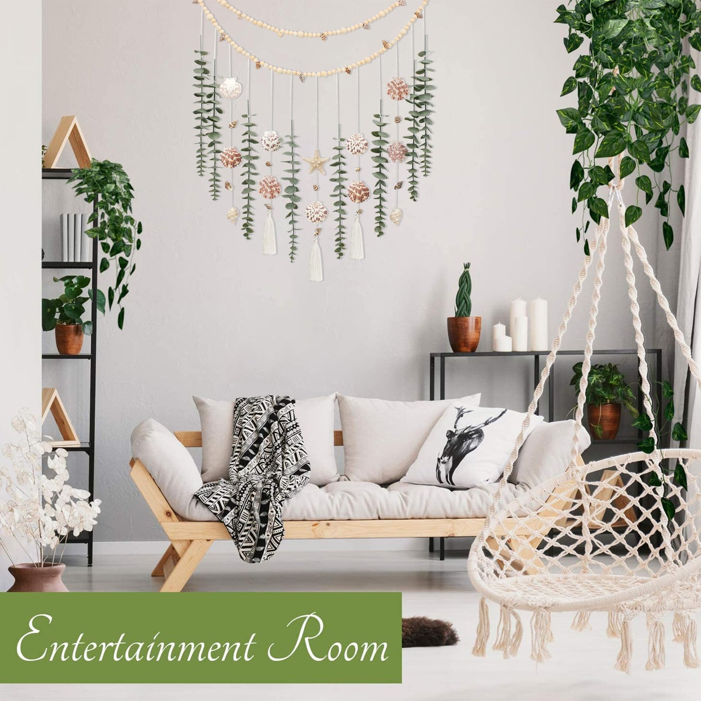 Artificial Eucalyptus Wall Decor with Seashell Coastal Decor Natural Home Decorations Hanging Wooden Bead Garland for Large Bedroom Bathroom Living Room, 32 x 32 Inch