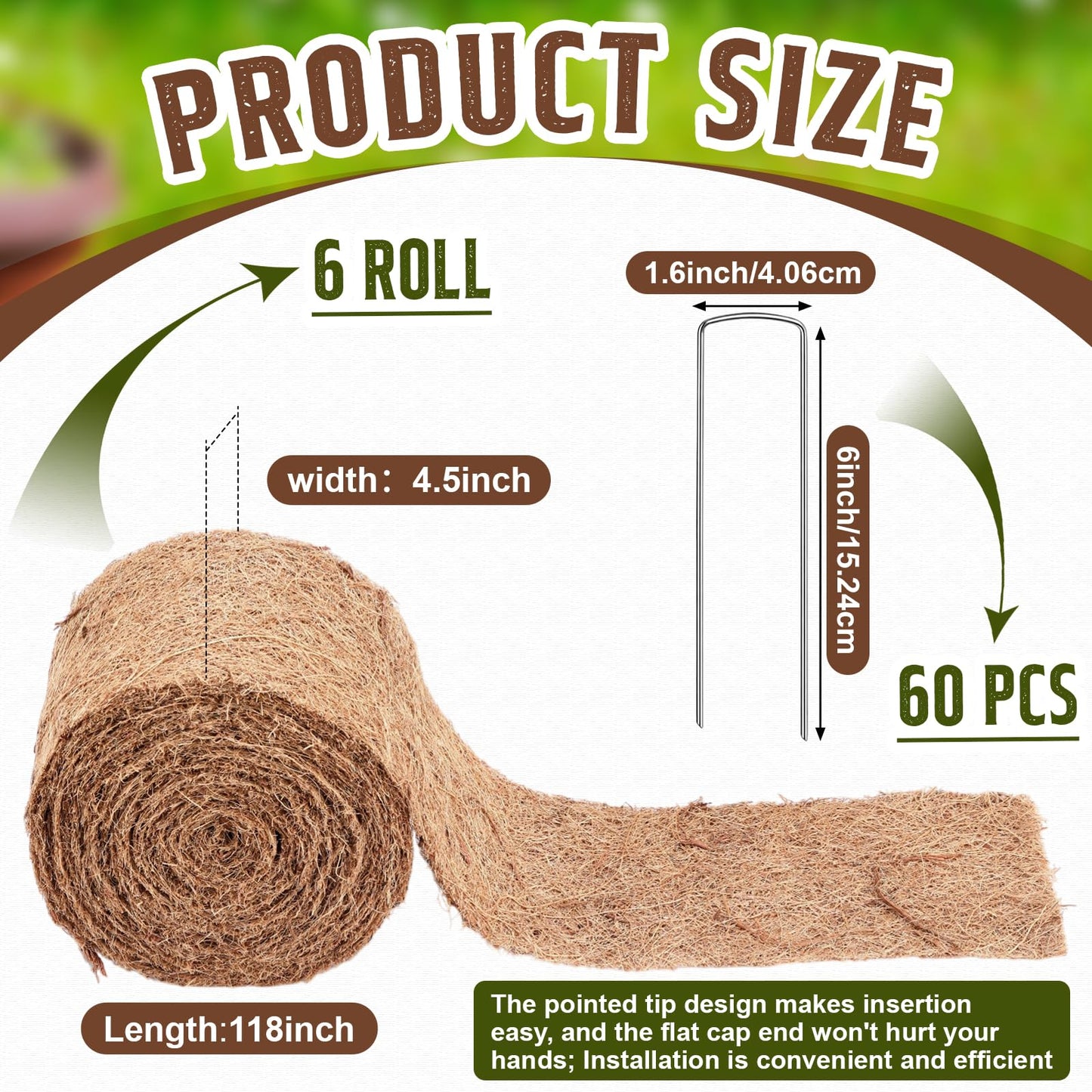 Tinideya 6 Pcs Natural Mulch Roll for Landscaping 118'' x 4.5'' Per Roll Coconut Fiber Mulch Mat with 60 U-Shaped Steel Stakes Cuttable Coconut Liner for Garden Edgings Wrap Trunk Planter Pet Pad