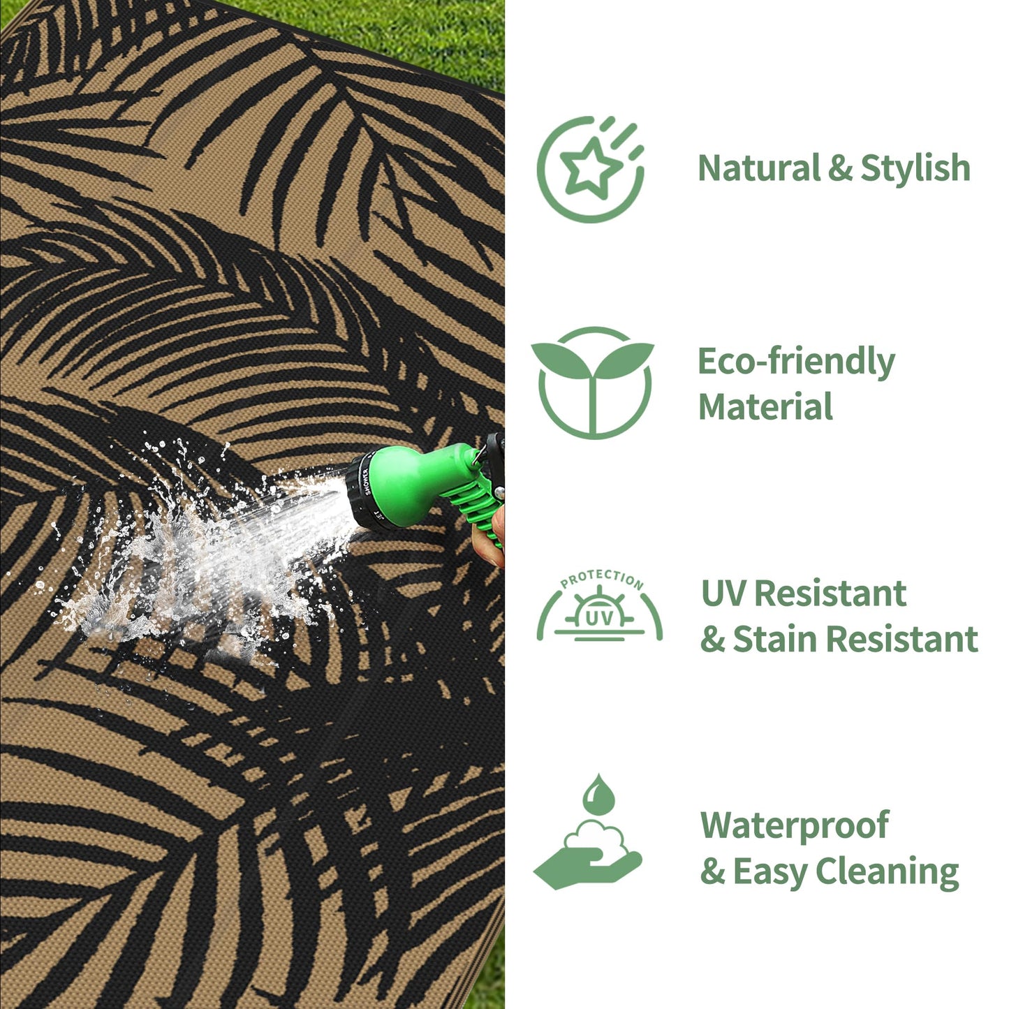 GENIMO Outdoor Rug 9' x 12' Waterproof for Patio Clearance, Reversible Plastic Straw Camping Carpet, Lightweight Mats for Rv, Backyard, Deck, Porch, Picnic, Beach, Balcony, Black & Brown