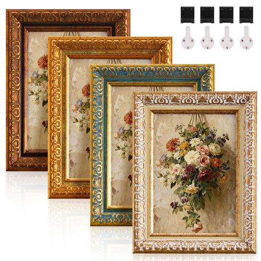 Fiwochic 4 Pack Ornate Vintage Picture Frame Sets, 5 x 7 Inch Ornate Vintage Photo Frame with HD Plastic Cover for Wall or Tabletop, Multicolour(Mixed Color)