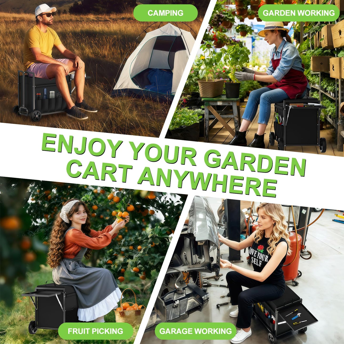 Garden Seat with Wheels, Garden Cart with Seat, 400 lbs Garden Rolling Stools with Wheels for Seniors, Rolling Utility Cart with Large Storage, Foldable Side Trays, for Patio, Lawn, Backyard Gardening