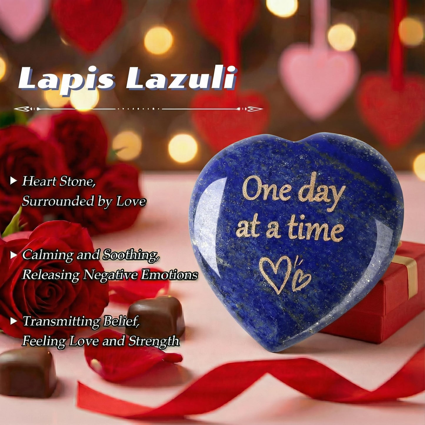 QINJIEJIE One Day at A Time Lapis Lazuli Heart Stones Crystals Thumb Worry Stone Thinking of You Gifts for Anxiety Relief Items You Got This Inspirational for Friend Sobriety Gifts for Men