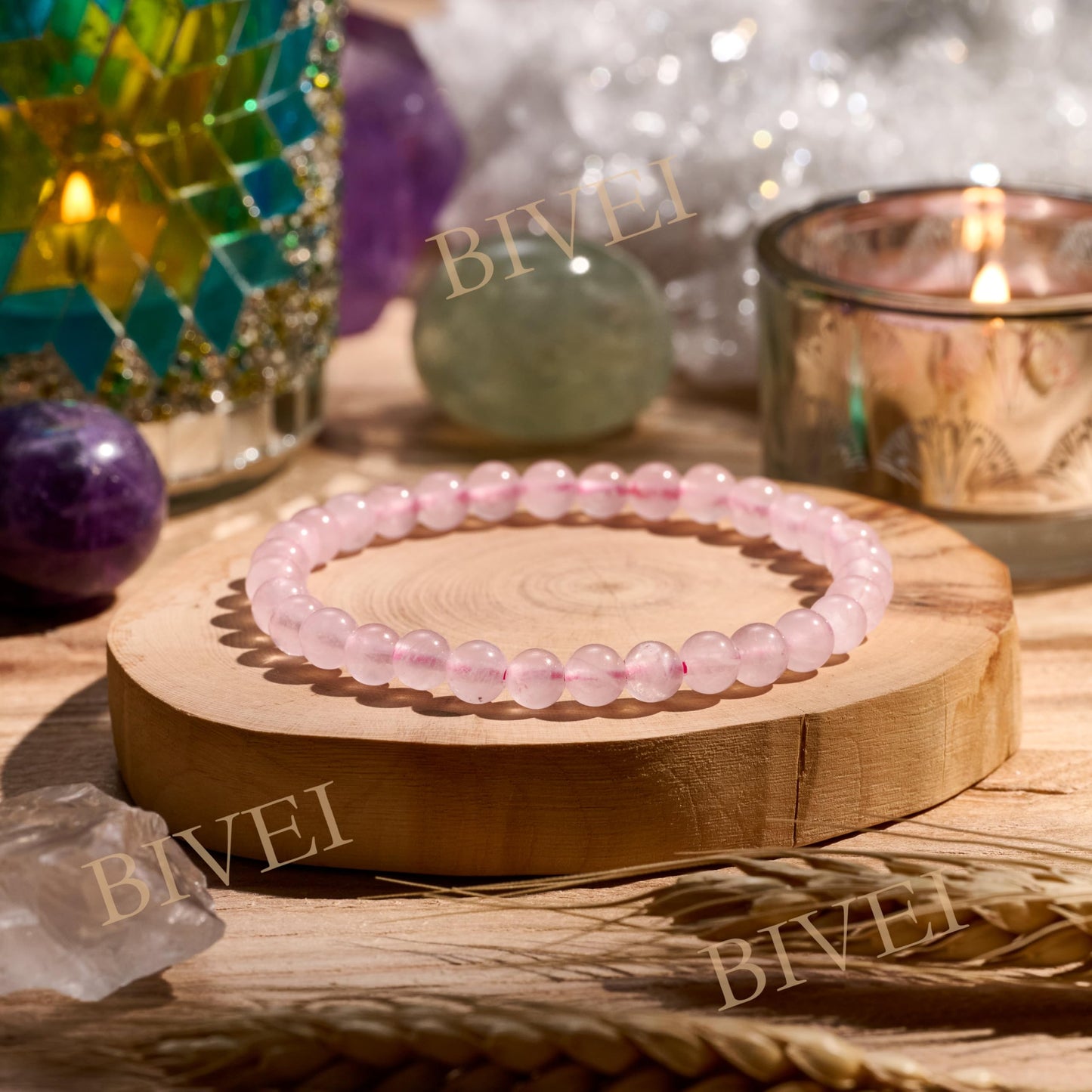 Bivei Rose Quartz - Self-Love - 6mm Beaded Bracelets for Women Handmade Semi Precious Natural Stone Stretch Elastic Jewelry for Women Yoga Protection Gifts