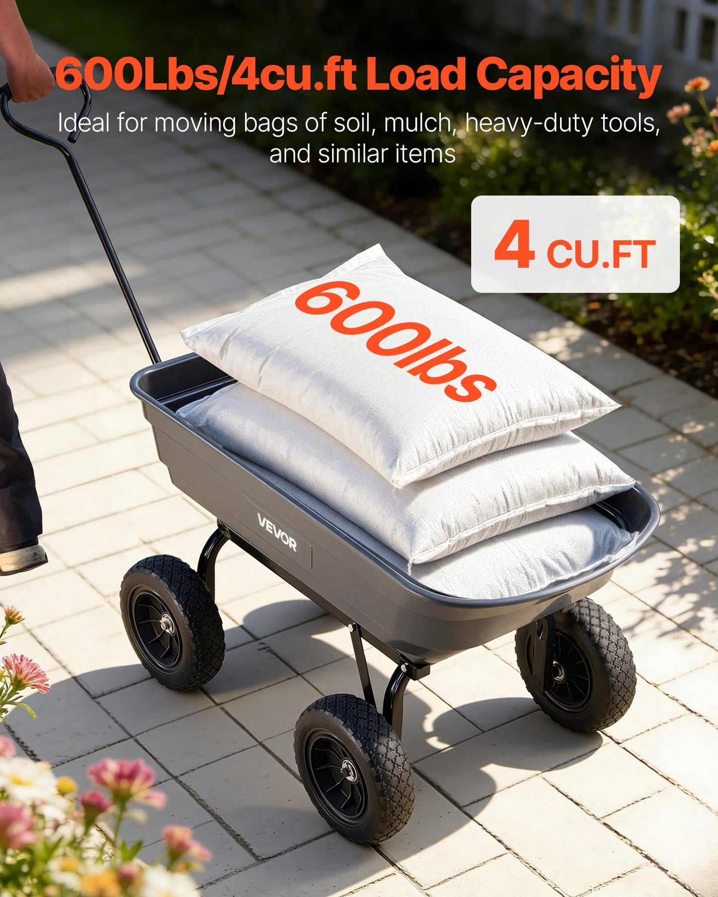 VEVOR 4 Cu.Ft 600LBS Poly Garden Cart Dump Wagon, 4 Wheel Heavy Duty Wheelbarrow with 10" Flat Free Tires, Yard Cart Dump Wagon with Quick-Release System