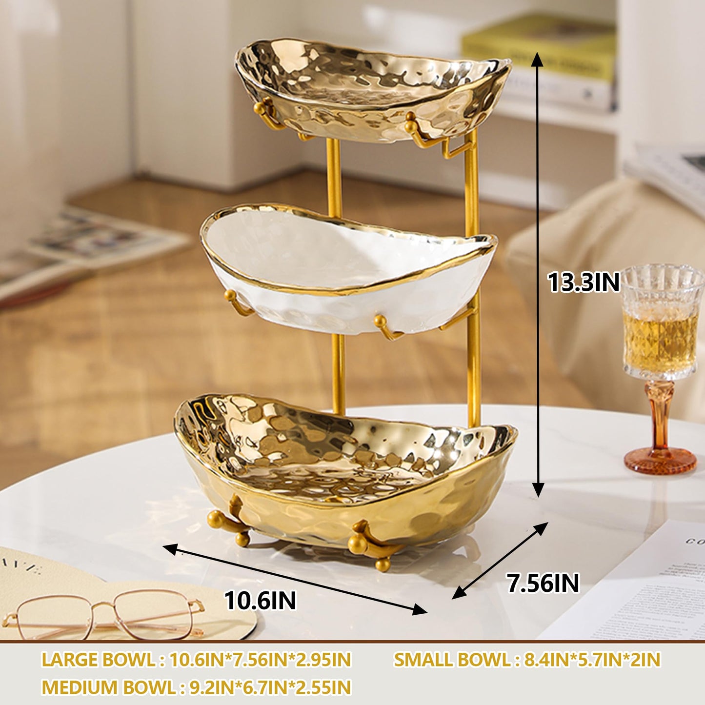 YYW 3-Tier Ceramic Fruit Bowl with Metal Stand - Elegant Countertop Organizer for Kitchen/Living Room, Holds Desserts, Snacks & Nuts - Home & Party Use (Golden)