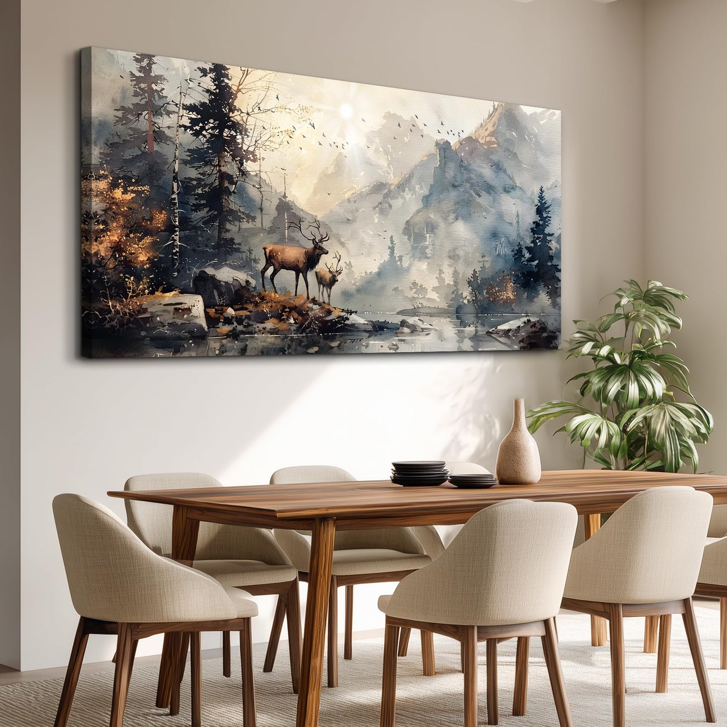 FUHAIHUA Canvas Wall Art For Living Room Framed Wall Decor For Bedroom Office Mountain Forest Landscape Ink Paintings Deer Pictures Artwork Modern Aesthetic Home Decor 20x40 In
