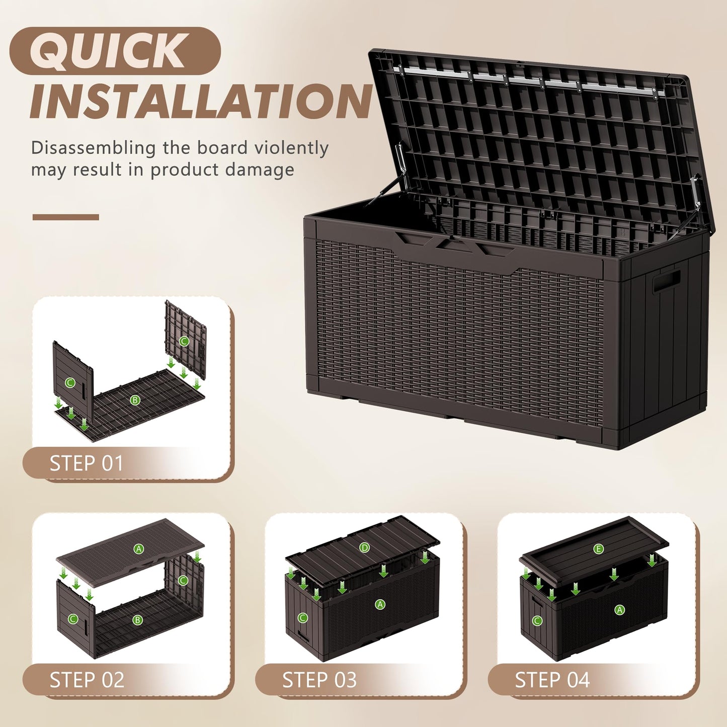 Devoko 100 Gallon Deck Box, Waterproof Resin Outdoor Storage Box with Cushion for Outside and Patio, Large Outdoor Storage Bench Cabinet Lockable for Patio Furniture and Garden Tools (Deep Brown)