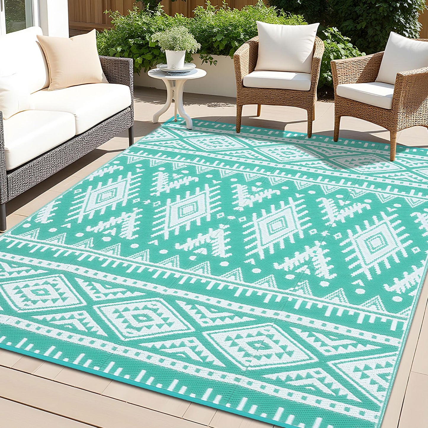 OLANLY Outdoor Rug Waterproof 8x10 ft, Reversible Outdoor Plastic Straw Rug, Boho Patio Rug, Indoor Outdoor Carpet, RV Mat Outside for Patio, Camp, Picnic, Balcony, Deck, Backyard, Turquoise & White