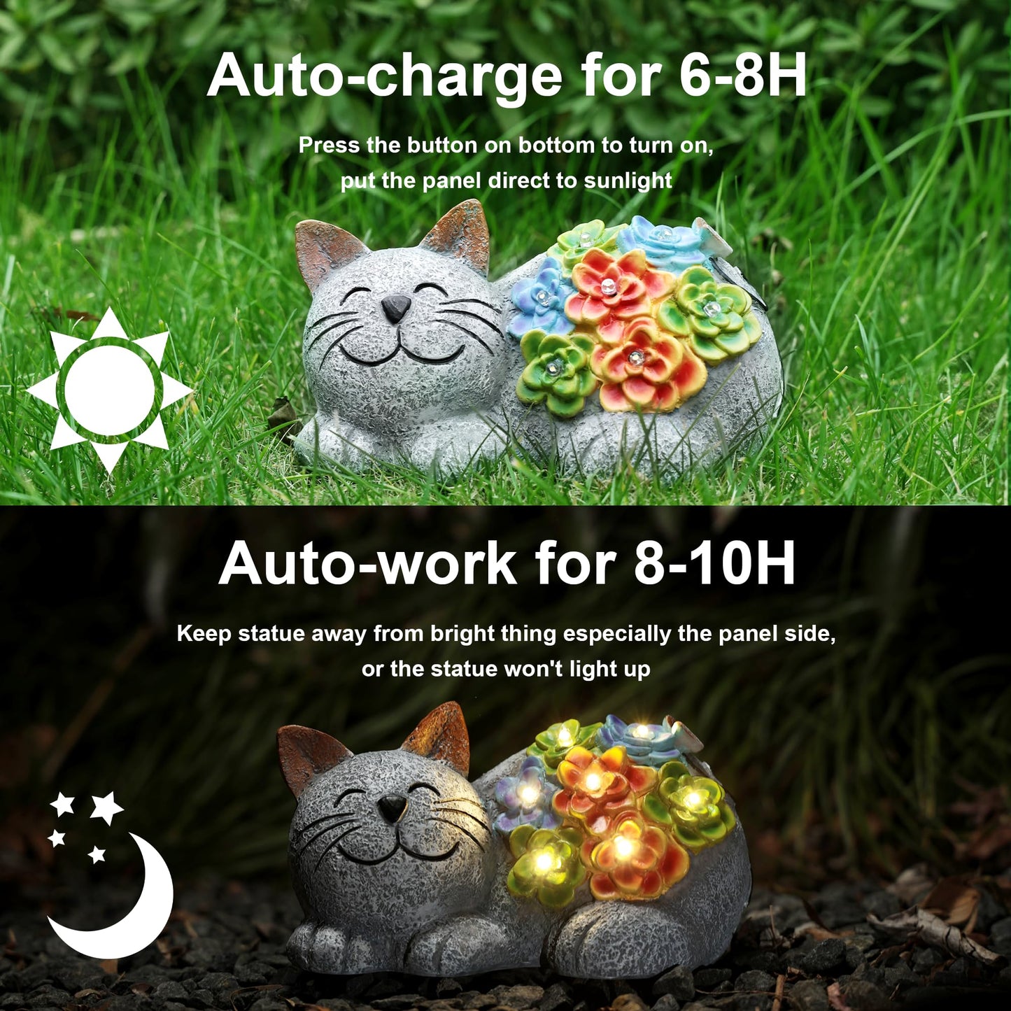 Otdair Solar Cat Decor, Birthday Gifts for Women with Succulent and 7 LED Lights, Christmas Gifts for Mom, Seniors, House Warming New Home Garden Decor for Cat Lover