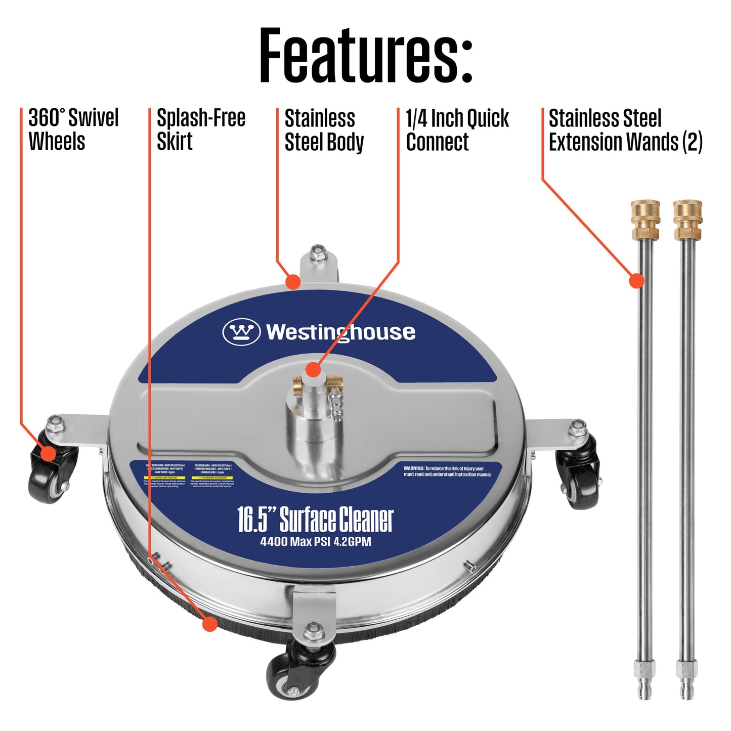 Westinghouse Universal 16.5” Pressure Washer Surface Cleaner Attachment - Stainless Steel - 4400 Max PSI, 1/4” Connector - for Gas and Electric Pressure Washers