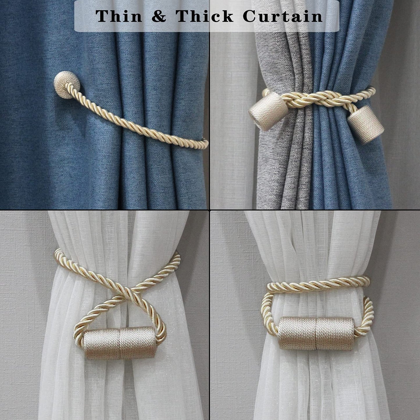 Porlau 2 Pack Beige Strong Magnetic Curtain Tiebacks Outdoor Elegant Decorative Tie Backs Modern Rope Tiebacks for Drapes Window Curtain Holdbacks for Draperies