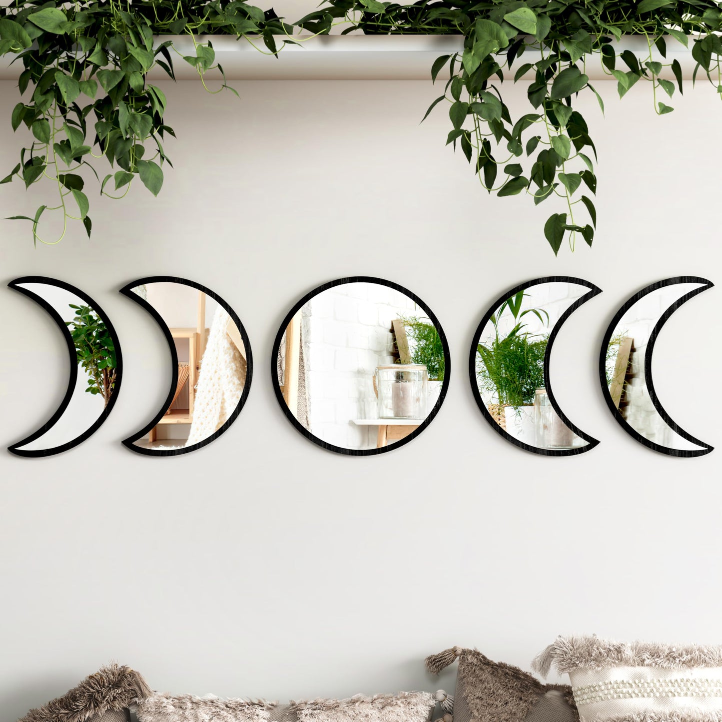 HMANGE 5-Piece Black Acrylic Moon Phase Wall Mirror Set - Shatterproof Safety Design, Easy Stick-On Installation, Boho Celestial Decor for Bedroom Living Room