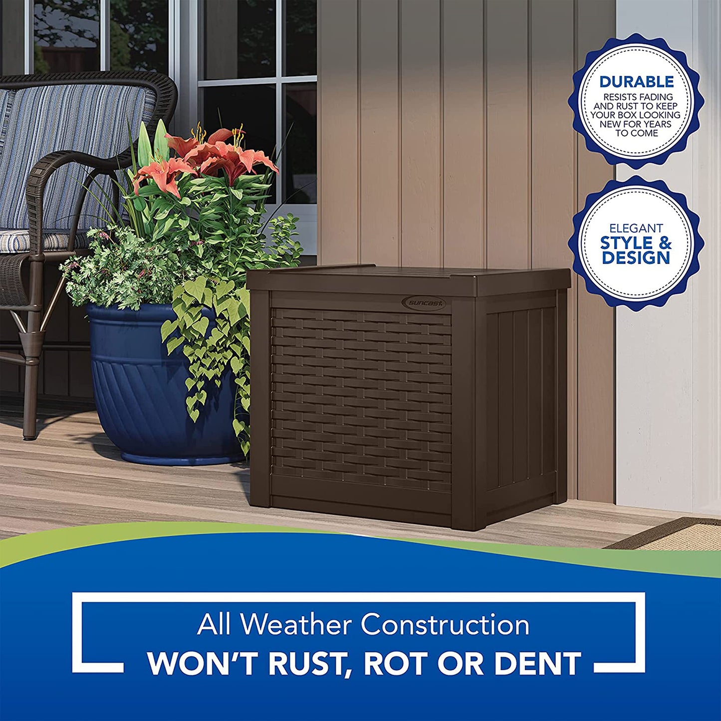 Suncast Small Outdoor Storage Box - 22 Gallon Java Resin Outdoor Deck Box, Flat-Lid Bench Seating, Patio Storage Bin Container for Organizing Tools, Cushions for Porch, Deck, Pool, & Garden
