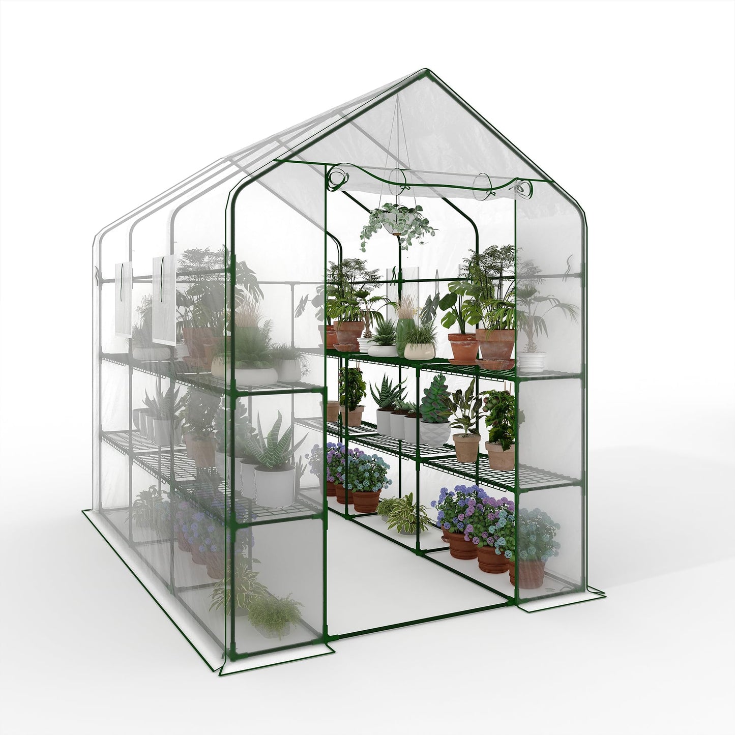 Portable Walk-in Greenhouse for Outdoors, 57 x 85 x 77 Inch Heavy Duty 3-Tier 18-Shelf Greenhouse with Thick PE Cover, Mesh Door & Screen Windows for Plants, Flowers, Seedlings, Herbs & Vegetables