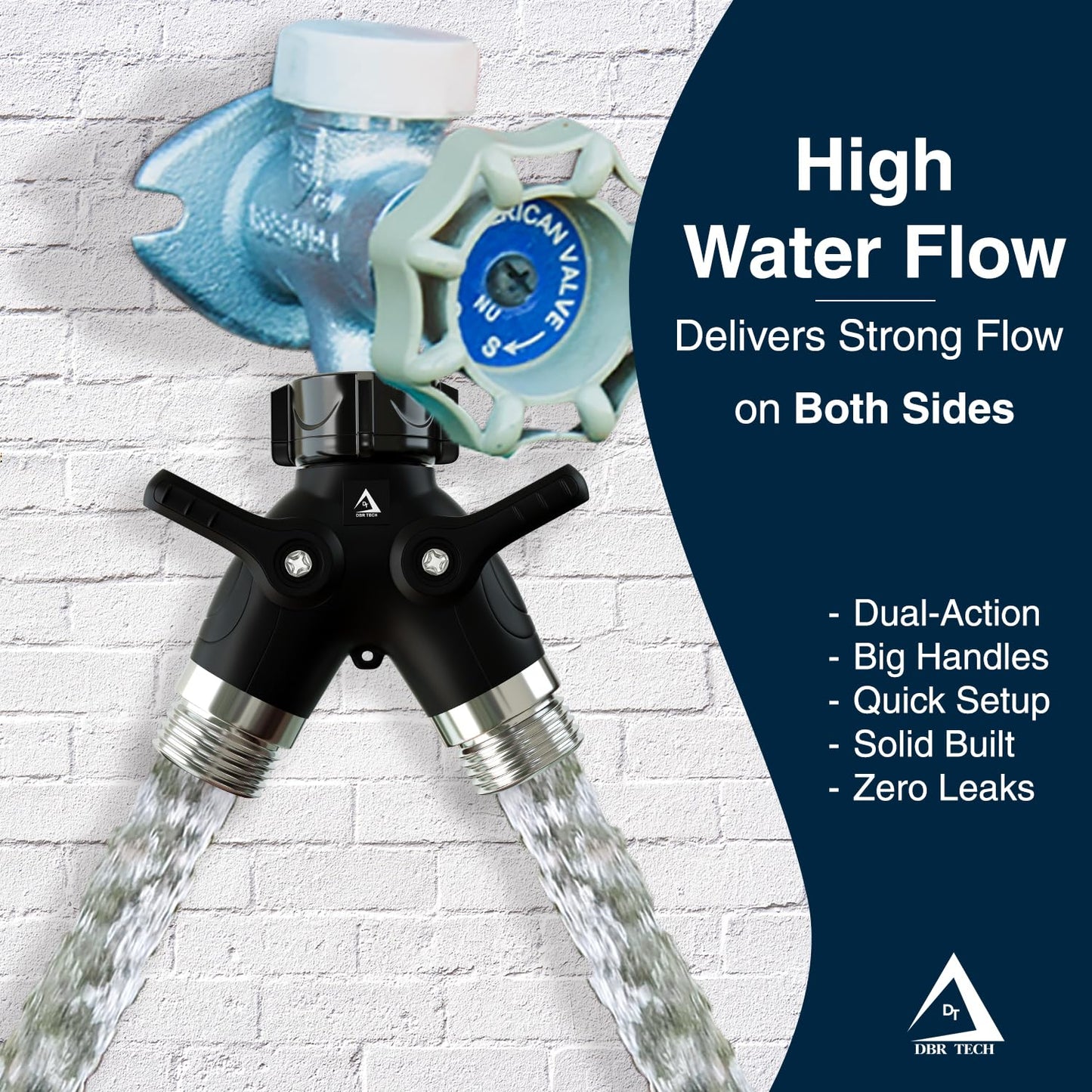 DBR Tech® Garden Hose Splitter 2 Way Heavy Duty | Faucet Adapter with Long Handle, Outdoor Water Spigot Hose Bib Y Wye Splitter, Dual Outlet Shut Off Valve Hose Connector, Leak Free