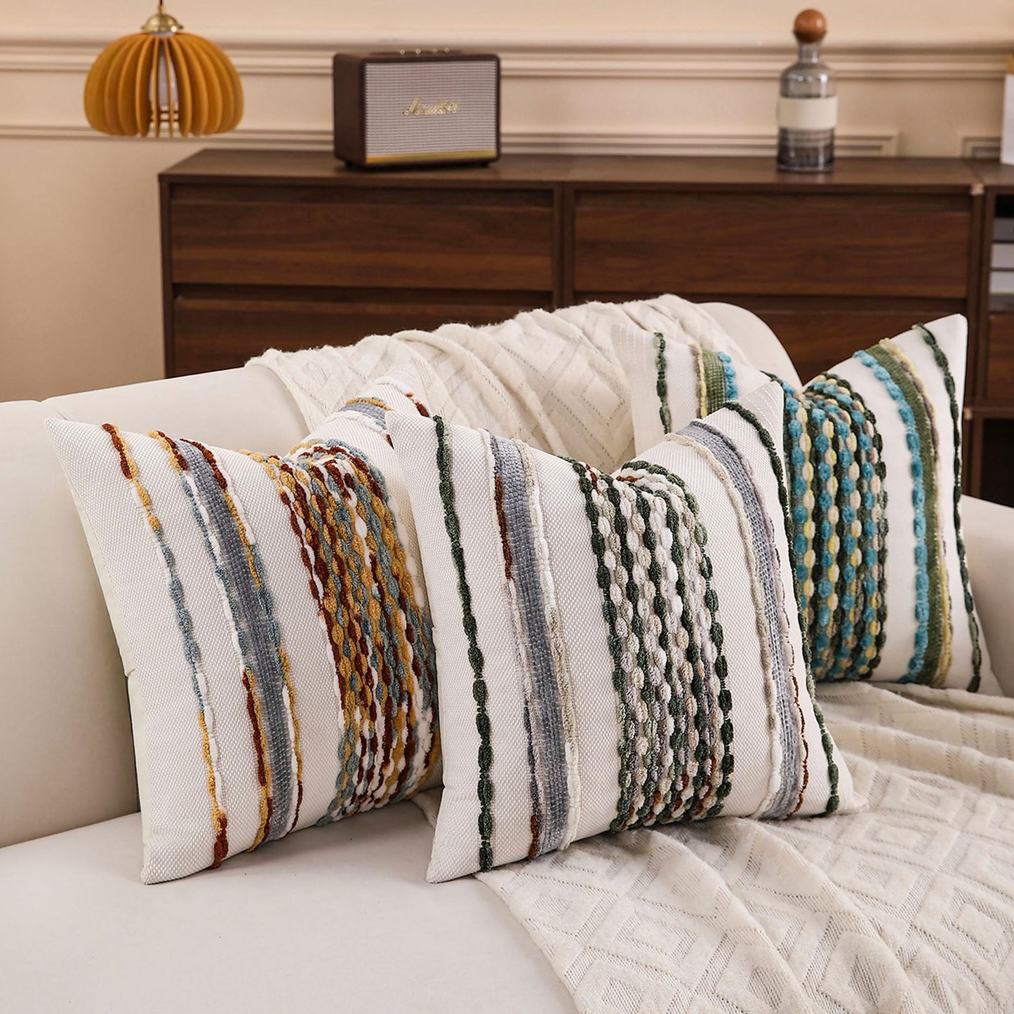 KOOLIFE Boho Striped Throw Pillow Covers 18x18 Inch Set of 2 Farmhouse Square Decorative Pillow Covers Chenille Tufted Accent Neutral Pillowcase Green Cushion Cover for Living Room Couch Sofa Bed