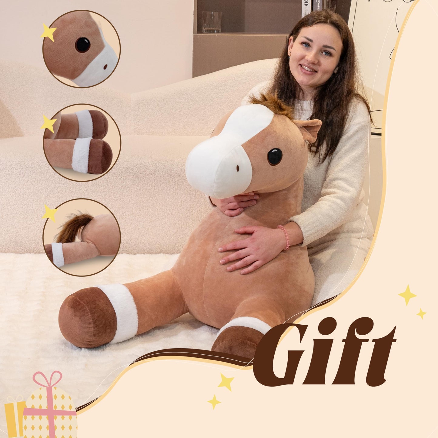 Jrystar Giant Horse Stuffed Animals, Large Stuffed Horse Plush Pillow, 37" Soft Large Stuffed Pony, Cute Farm Animals Plush Toys, Gifts for Kids Boys Girls on Birthday Children's Day Christmas