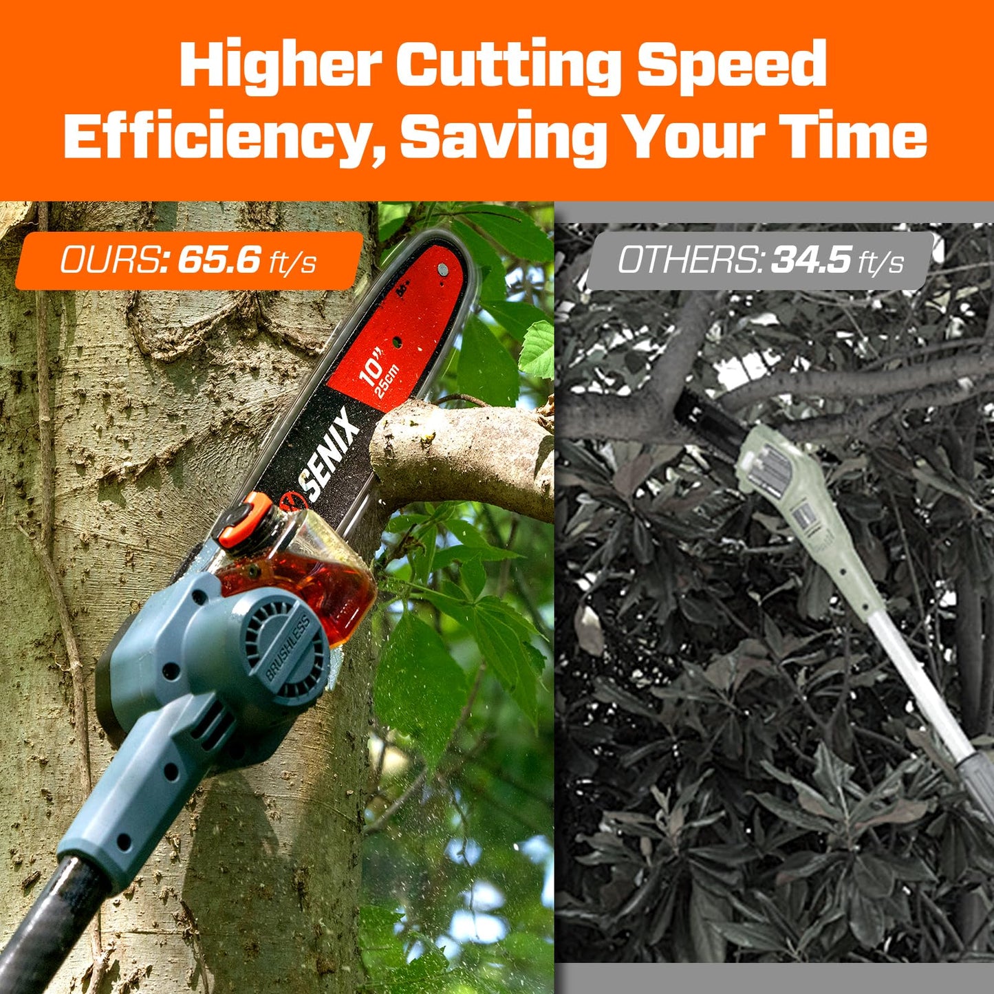 SENIX 10" Cordless Pole Saw, 60V Max 3.0Ah Battery Powered, Carbon Fiber Telescoping Pole (4.6-8.5 ft), 65.5 ft/s Cutting Speed for Tree Pruning and Branch Trimming