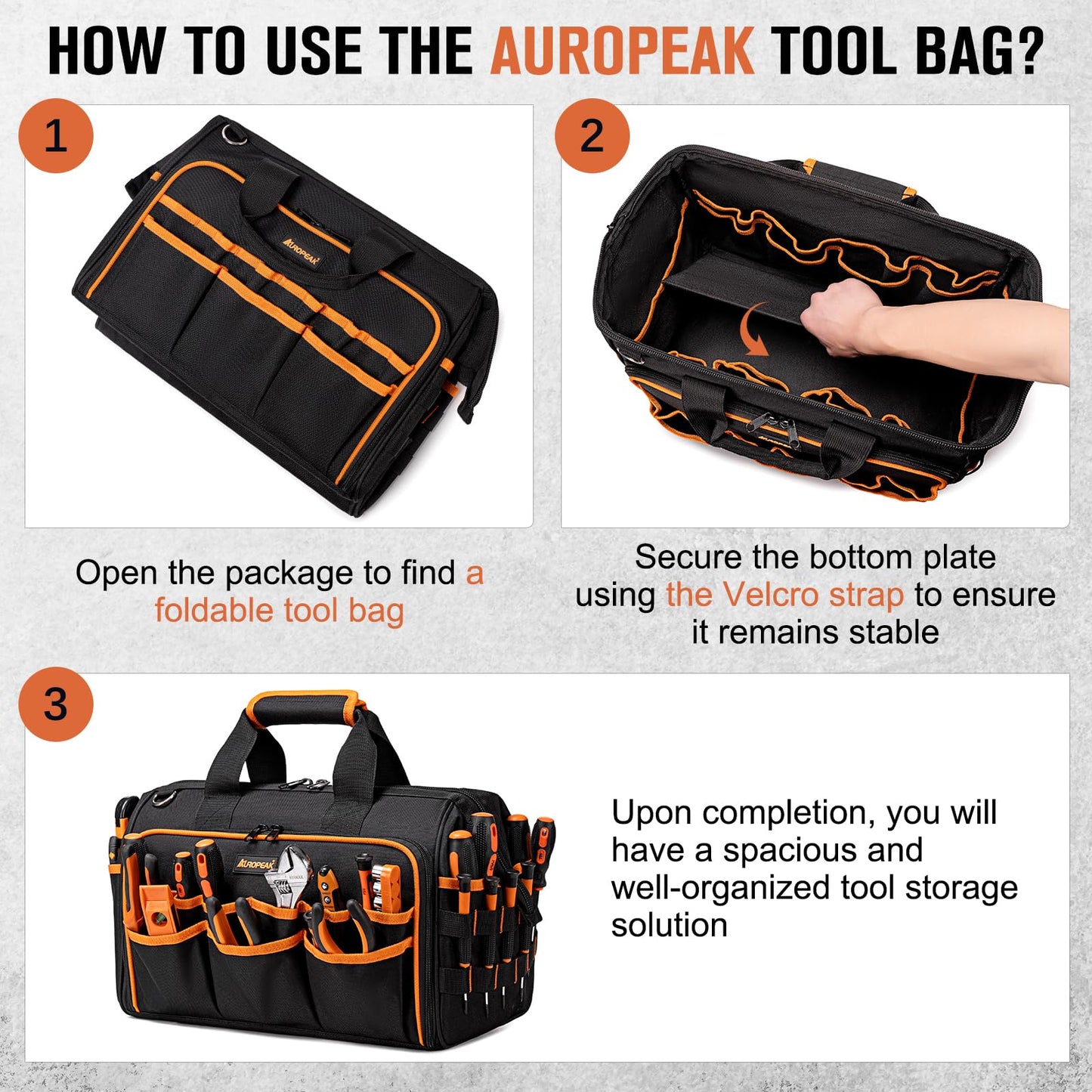 17-Inch Electrician Tool Bags for Men, 46-Pocket Heavy Duty Tool Bag, Foldable Hvac Tool Bag Organizer with Wide Mouth & Adjustable Shoulder Strap for Electricians Mechanics Craftsman Contractor