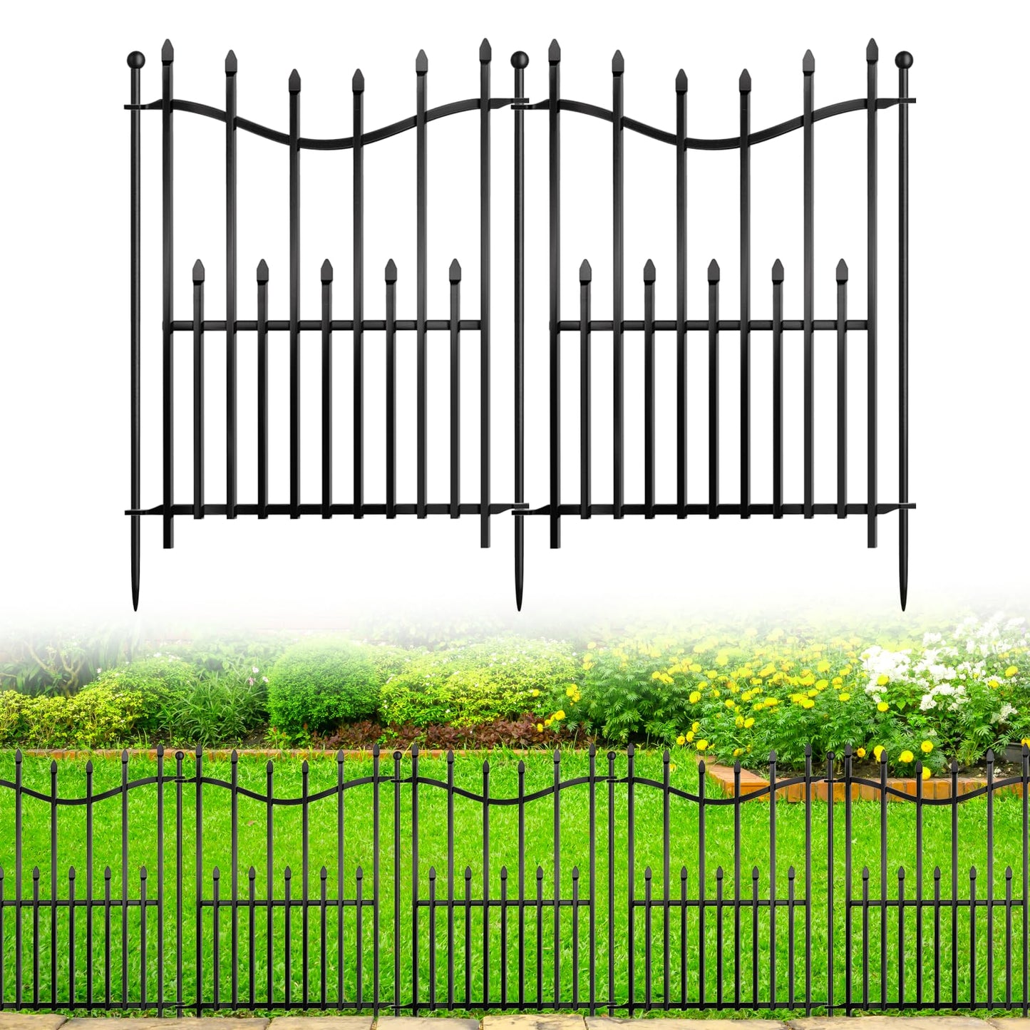 10 Panels No Dig Decorative Garden Fence, 24in(H)×22ft(L) Heavy-Duty Rustproof Metal Panels, Outdoor Dog Barrier for Yard & Patio, Landscape, Border| Portable Temporary Fencing
