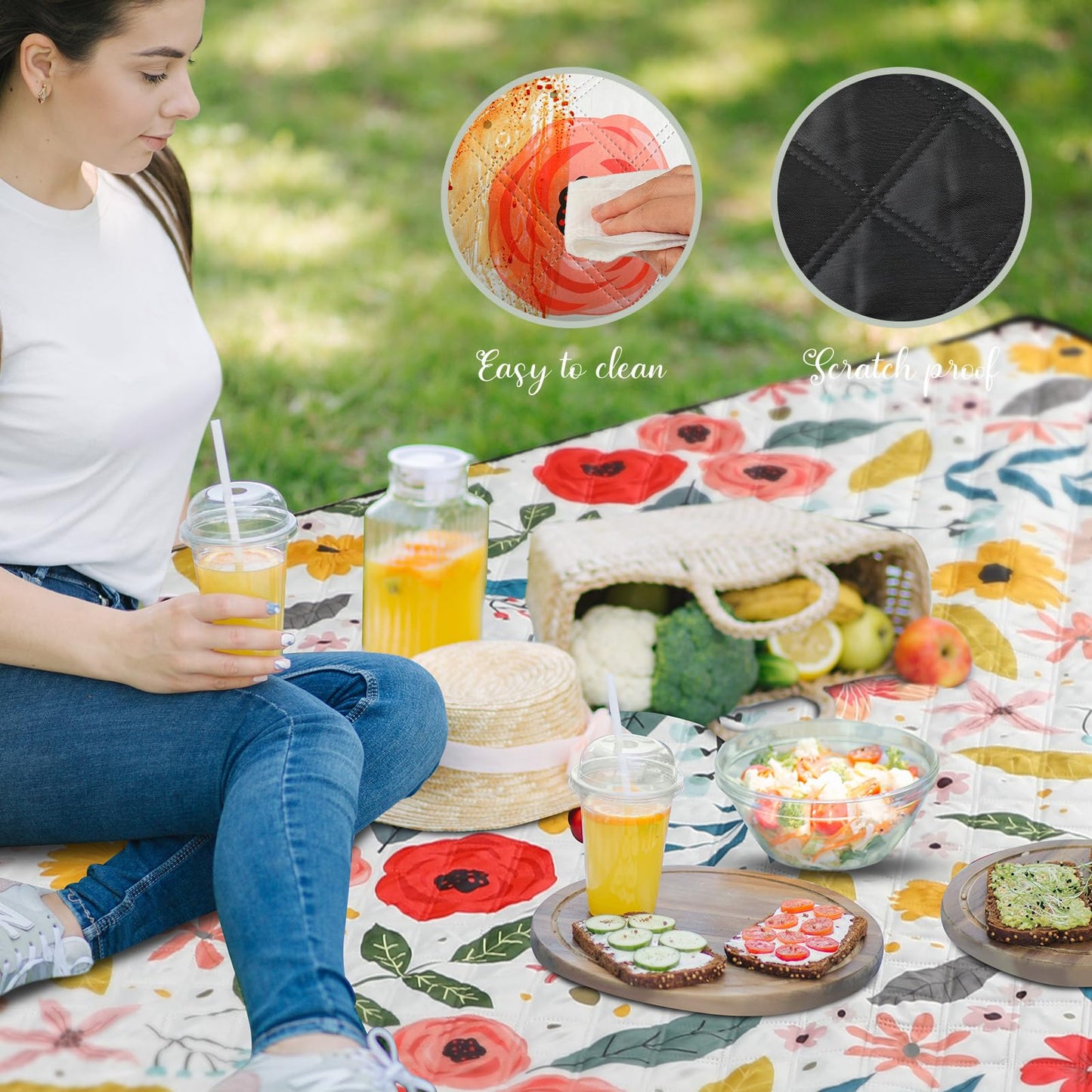 Tegeme Beach Picnic Blanket Floral Waterproof Outdoor Blanket 80''x80'' Extra Large Portable Sandproof Machine Washable 3 Layer Thick Gingham Picnic Mat for Beach Camping Park Grass(Beige)