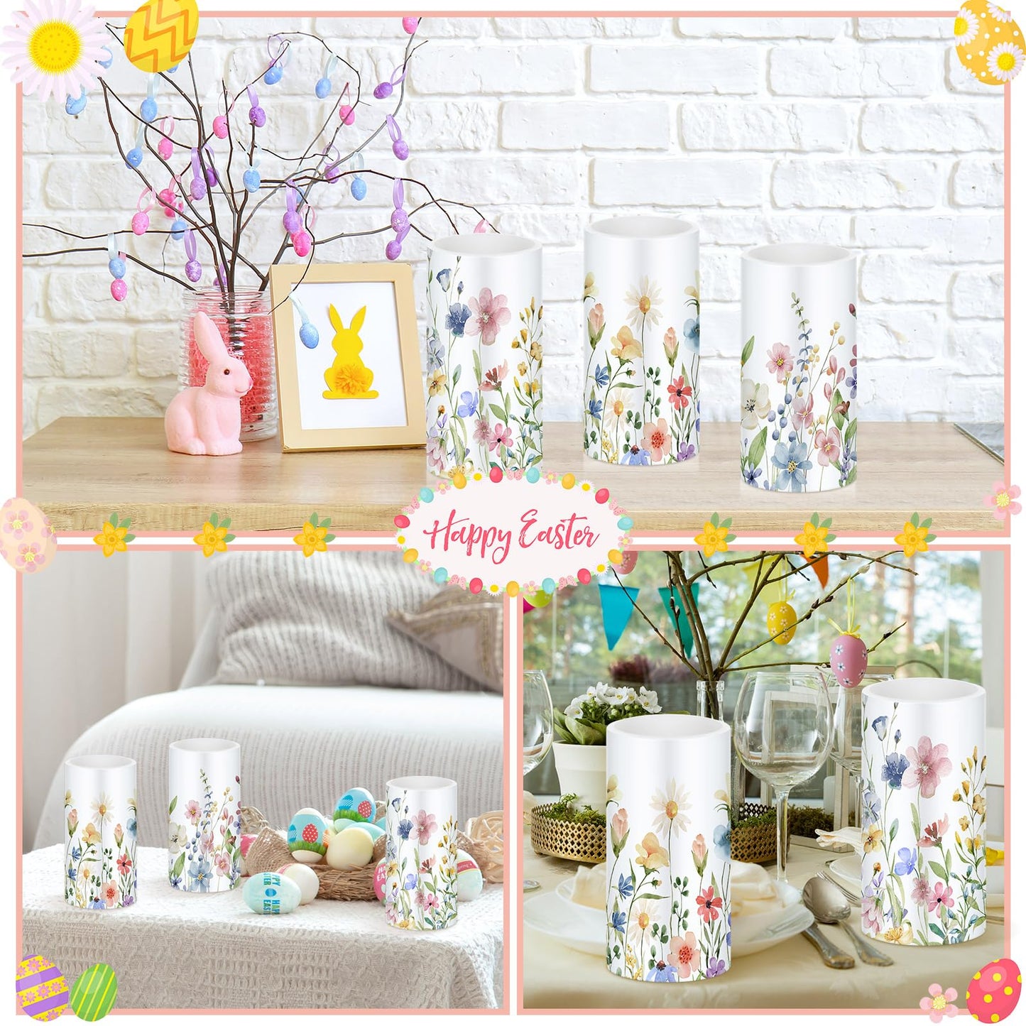 Retisee 3 Pcs Spring Wildflower Flameless Candles Spring Floral Battery Operated Flickering LED Candles with Remote Floral Gifts Decoration for Easter Wedding Table Centerpieces Home Living Room Decor