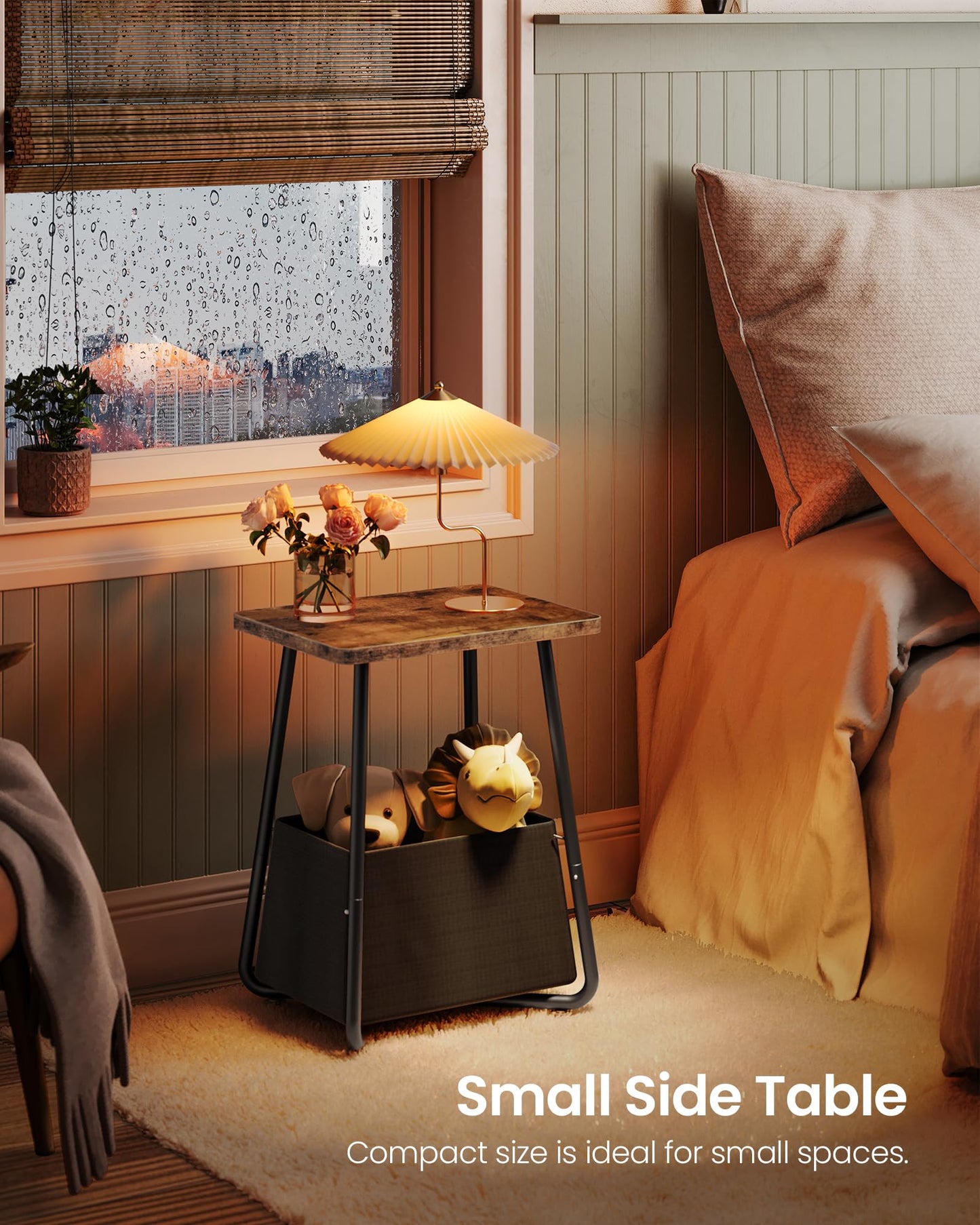 CHOEZON Small Nursery Side Table with Removable Fabric Basket, Compact End Table for Small Spaces, Space-Saving Nightstand for Bedroom Living Room, Rustic Brown TBZ13BF