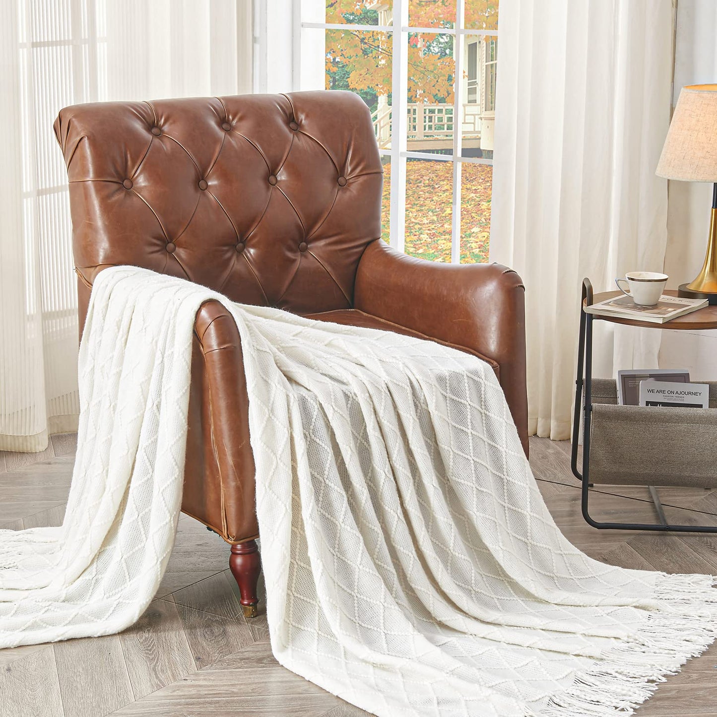 inhand Knitted Throw Blankets for Couch and Bed, Soft Cozy Knit Blanket with Tassel, Off White Lightweight Decorative Blankets and Throws, Farmhouse Warm Woven Blanket for Men and Women, 60"x80"