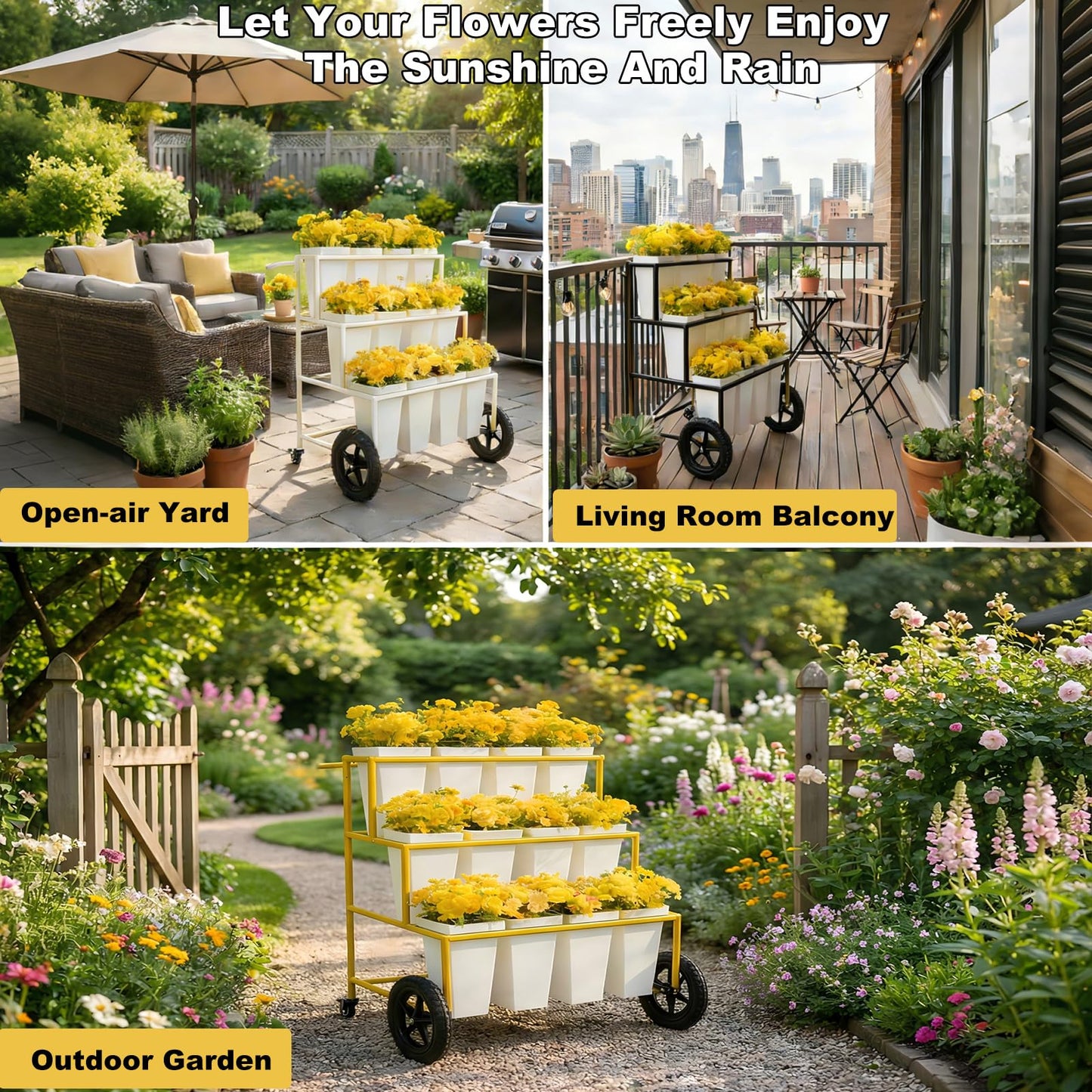VITNSVILE Mobile Metal Flower Plant Stand, 360° Rolling Flower Display Stand for Indoor Outdoor, Space Saving Flower Bar Stand for Patio, Garden Event White, Black, Gold (White L33.4*W31.4*H*40.5in)