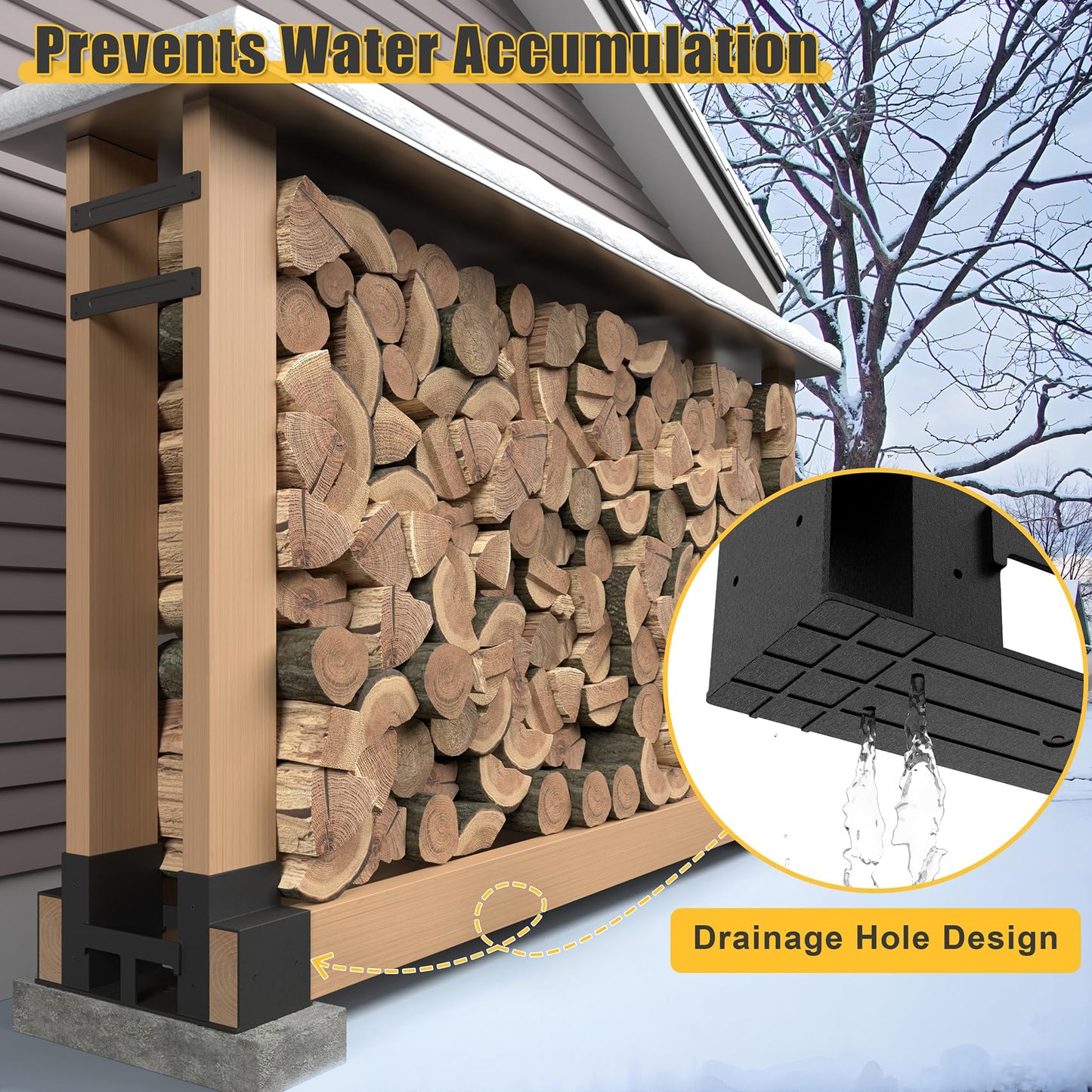 Jusgym Firewood Rack Outdoor Indoor, Heavy-Duty Plastic Firewood Rack Brackets Kit with 4 Support Bars, 3.5mm Thick Adjustable Fire Wood Storage Racks with Drainage Holes, Set of 2