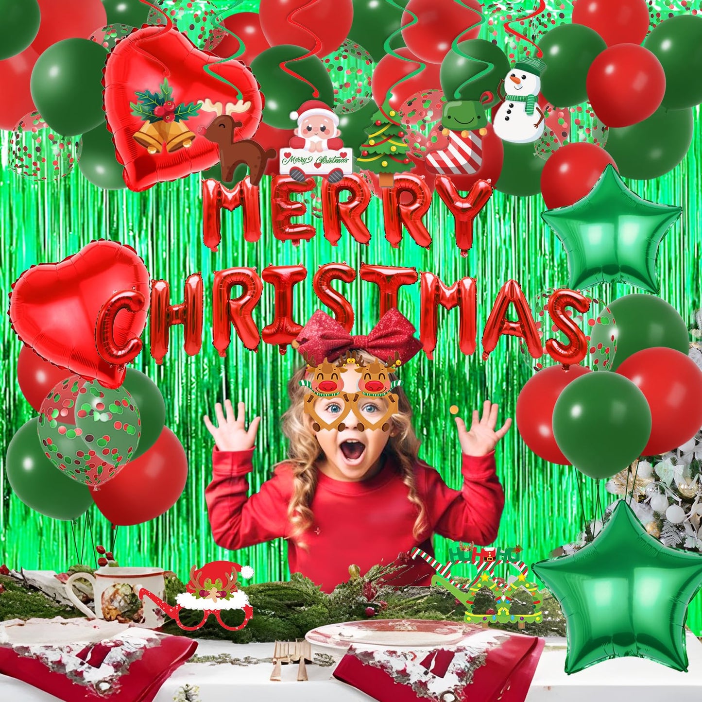Red Green Christmas Decorations with Green Fringe Curtains, Heart Stars Confetti Balloon, Merry Christma Foil Balloons, christmas Glasses Frames and Hanging Swirls for Xmas Party Supplies