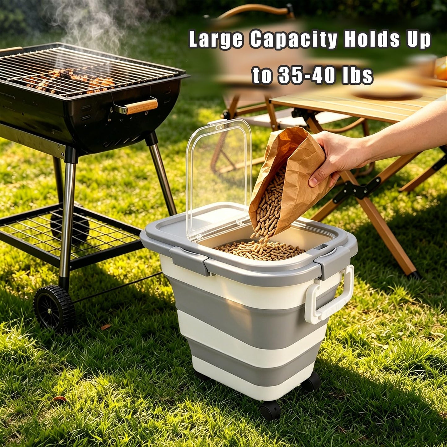 Wood Pellet Storage Containers 35lbs, Collapsible Pellet Storage Bin with Scoop and Label Stickers, Charcoal Storage with Locking Lid Clear Window, Smoker Pellet Storage Pellet Bucket Grill Accessory