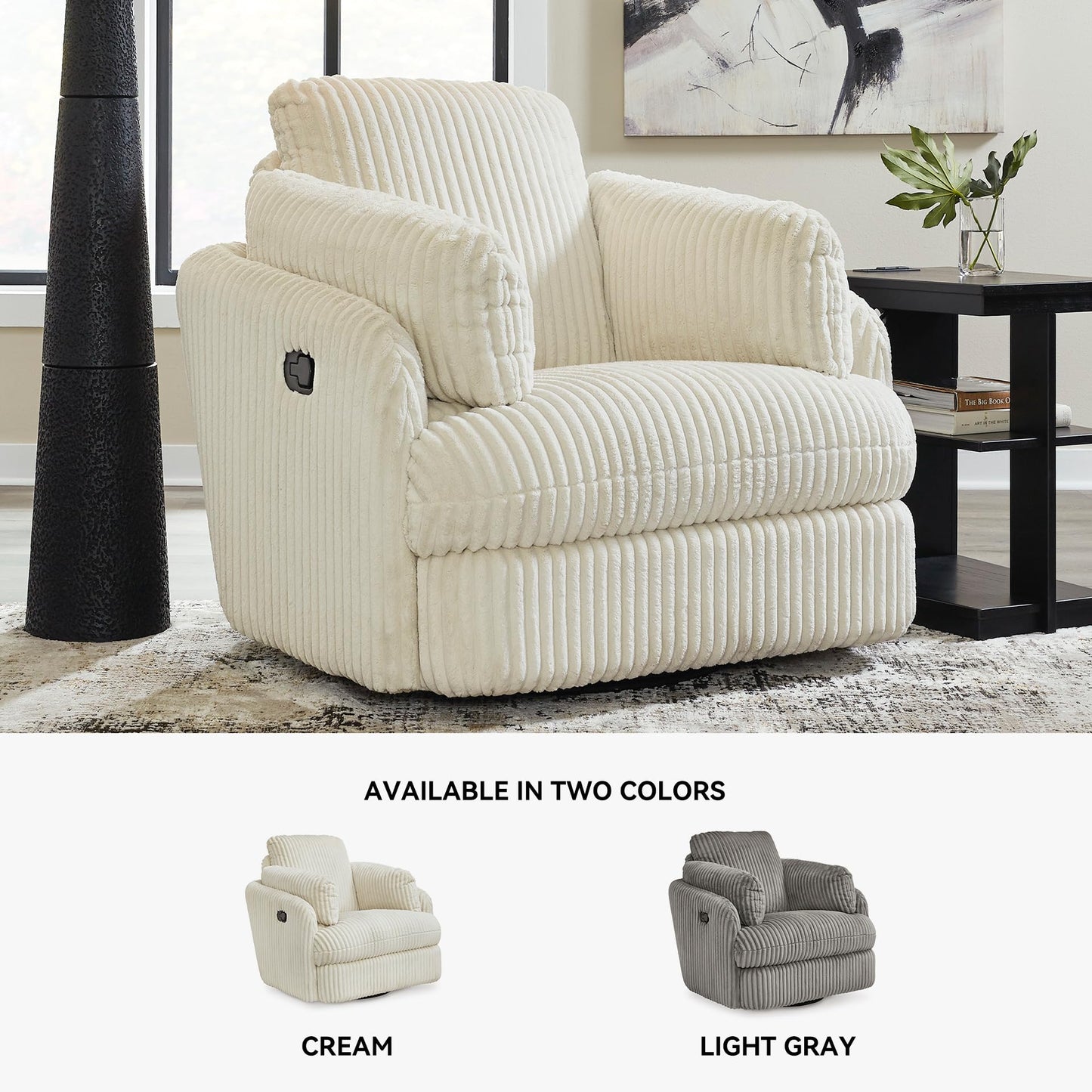 Signature Design by Ashley Tie-Breaker Cozy Contemporary Manual Press-Back Swivel Glider Rocker Recliner with 2 Bolster Pillows and Hidden Storage, White