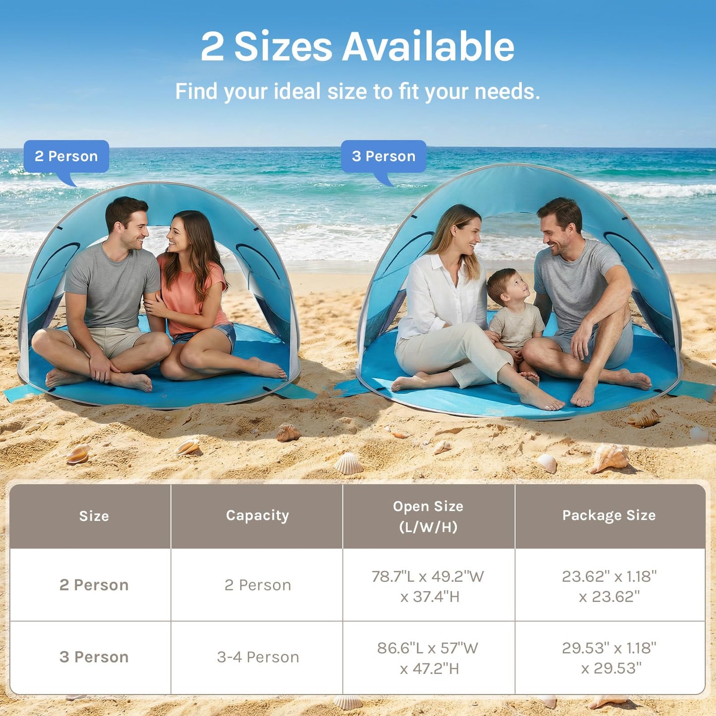 Wolfwise Pop up Beach Tent Sun Shelter with UPF50+ UV Protection, Instant Easy Setup Popup Beach Shade Canopy for 3 Person, Portable & Foldable with Carring Bag, 87 ×57×47 in, Blue