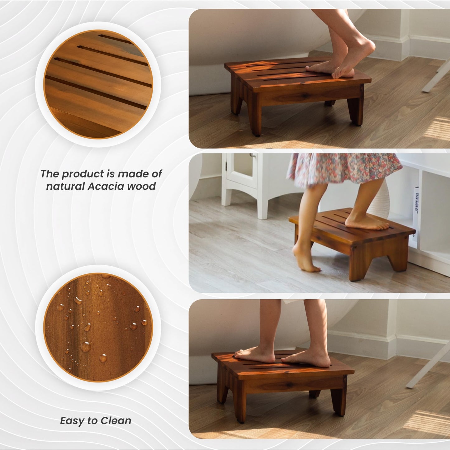 Holana 6" Acacia Wood One Step Stool for Adults - 300 Lbs Wooden Step Stools Heavy Duty for High Bed Riser, Bathroom, Bedroom - Small Stepping Stool for Elderly, Seniors, Kids, Handicap Use Indoor