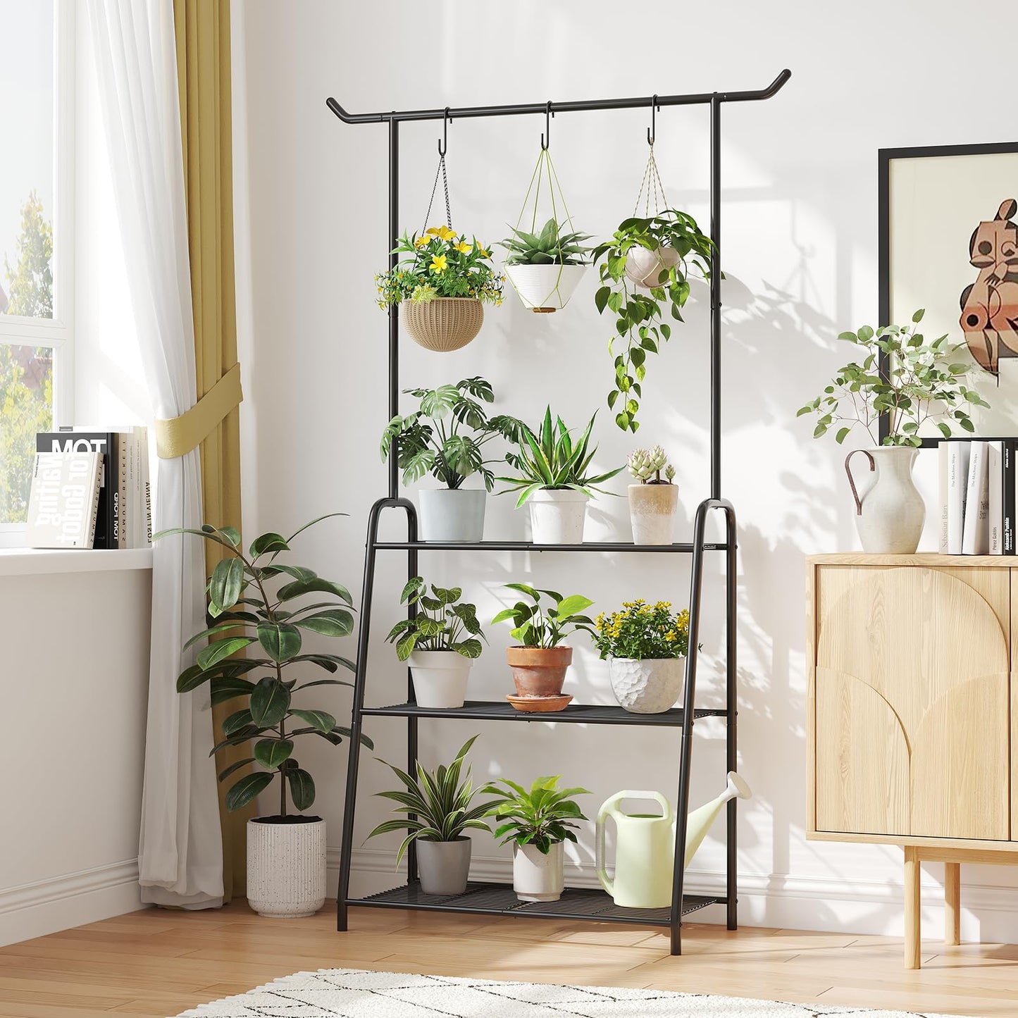 Kitsanery Plant Stand Indoor Outdoor,Metal Plant Stands for Multiple Plants,3 Tier Tall Hanging Plant Shelf,Large Heavy Duty Flower Holder Ladder Plant for Living Room, Patio, Balcony (Black)