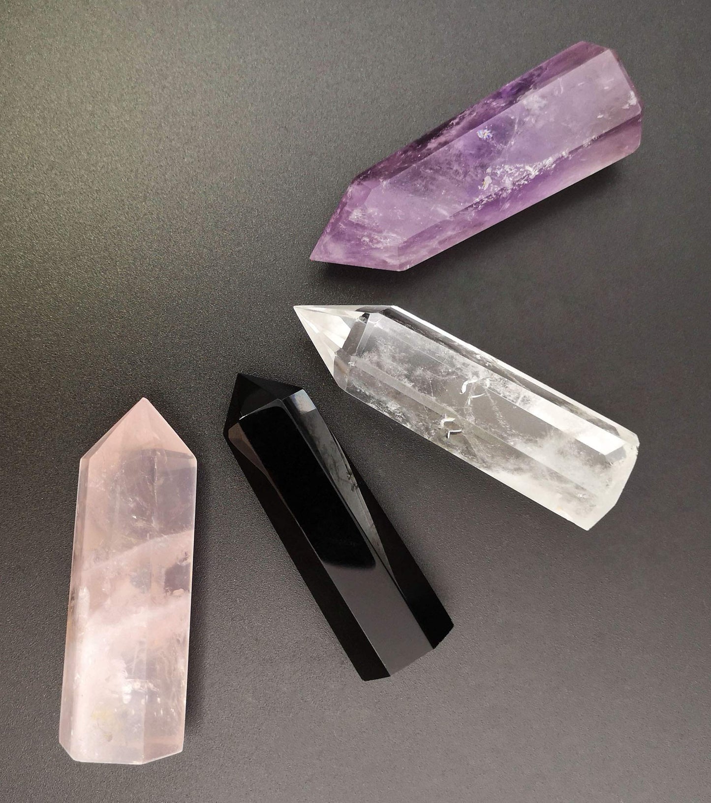 Set of 4 Healing Crystal Wands | Amethyst Crystal, Clear Quartz Crystal Wand & Rose Quartz Crystal Points,Black Obsidian| 6 Faceted Reiki Chakra Meditation Therapy