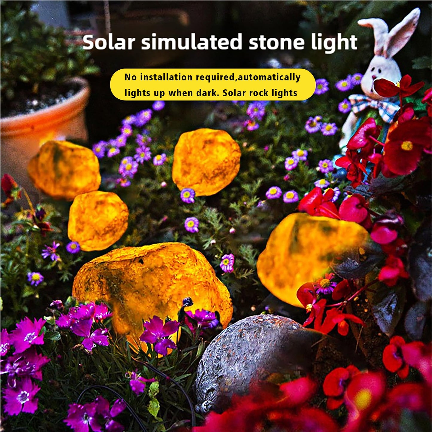 LIYAOLI Solar Rock Lights 4-Pack | Auto-Dimming & 8H Runtime | IP44 Waterproof Landscape Lighting for Garden/Pathway/Lawn Outdoor Decorative (Natural Stone Texture)