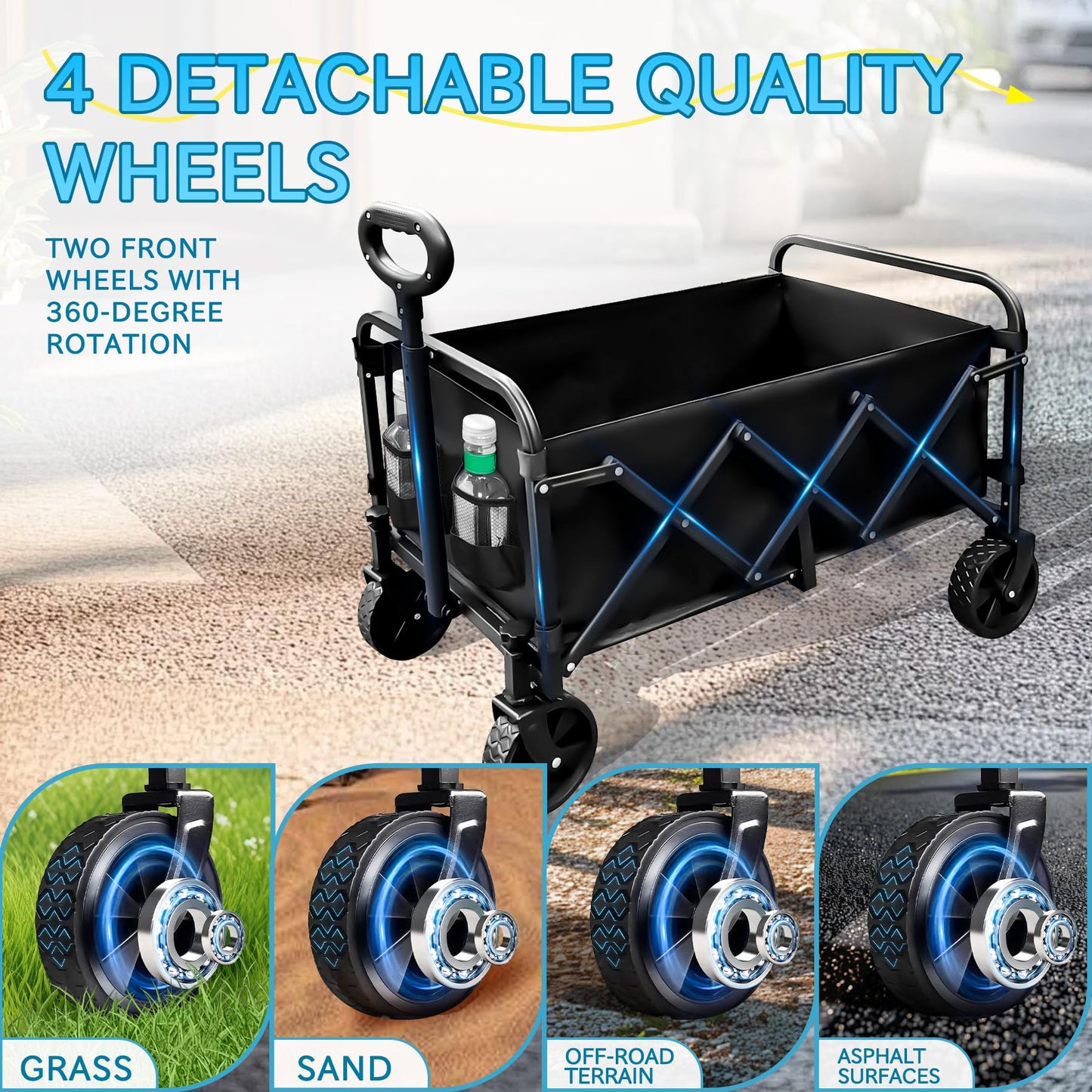 Collapsible Wagon with Wheels, 330 lbs Wagons Carts Foldable Wagon Cart, Carbon Steel Frame Structure, Lightweight Portable Folding Utility Grocery Shopping Cart for Grocery Sports Garden Camping