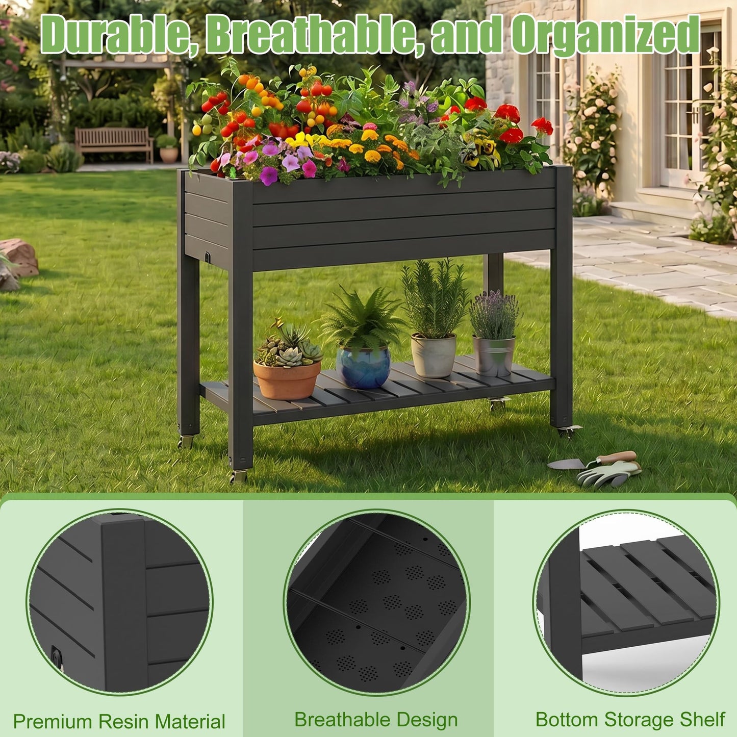 EFU Raised Garden Beds Outdoor, with Wheels for Mobility, Extra Storage Shelf, Water Level Monitoring, 21 Gallon Planter Raised Beds for Vegetables, Herbs, Fruits, Backyard, Patio, Balcony (Black)