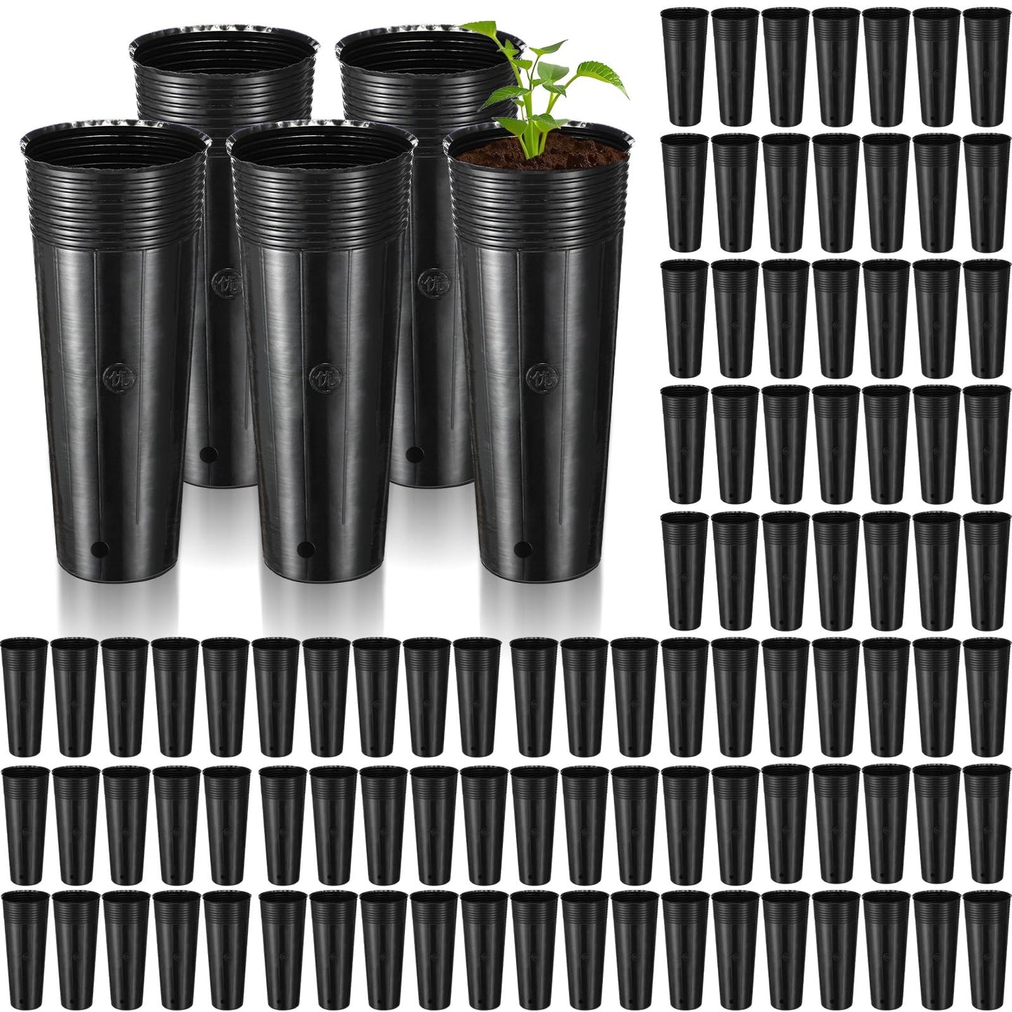 Ferrochef 100 Pack Tall Tree Pot 11.8'' x 4.7'', Black Plastic Deep Nursery Pots, Soft Deep Seedling Pots for Seed Starting, Plant Starter Cups with Drainage Holes for Flowers, Cutting & Transplanting